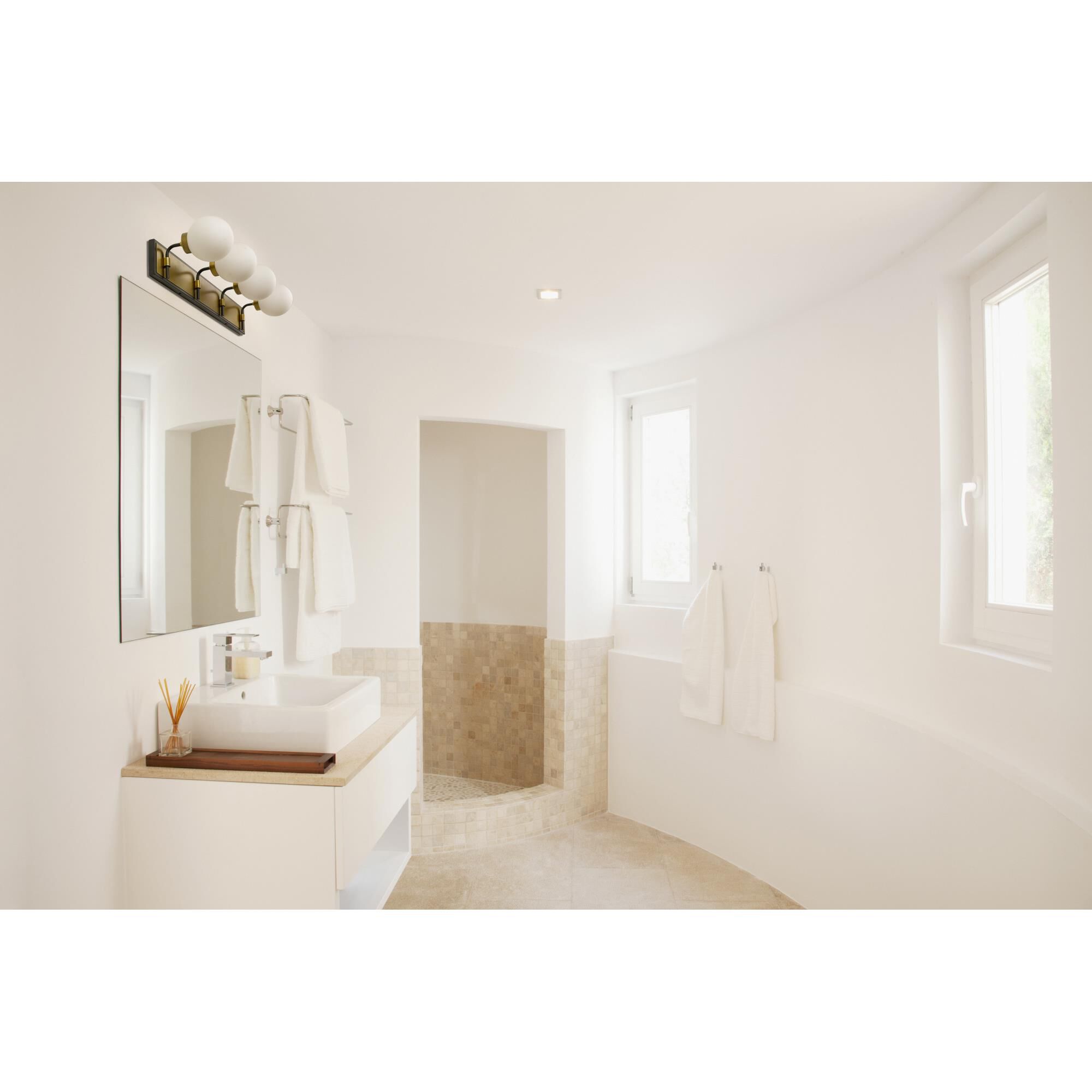 Shown in Matte Black + Olde Brass finish and Glass shade