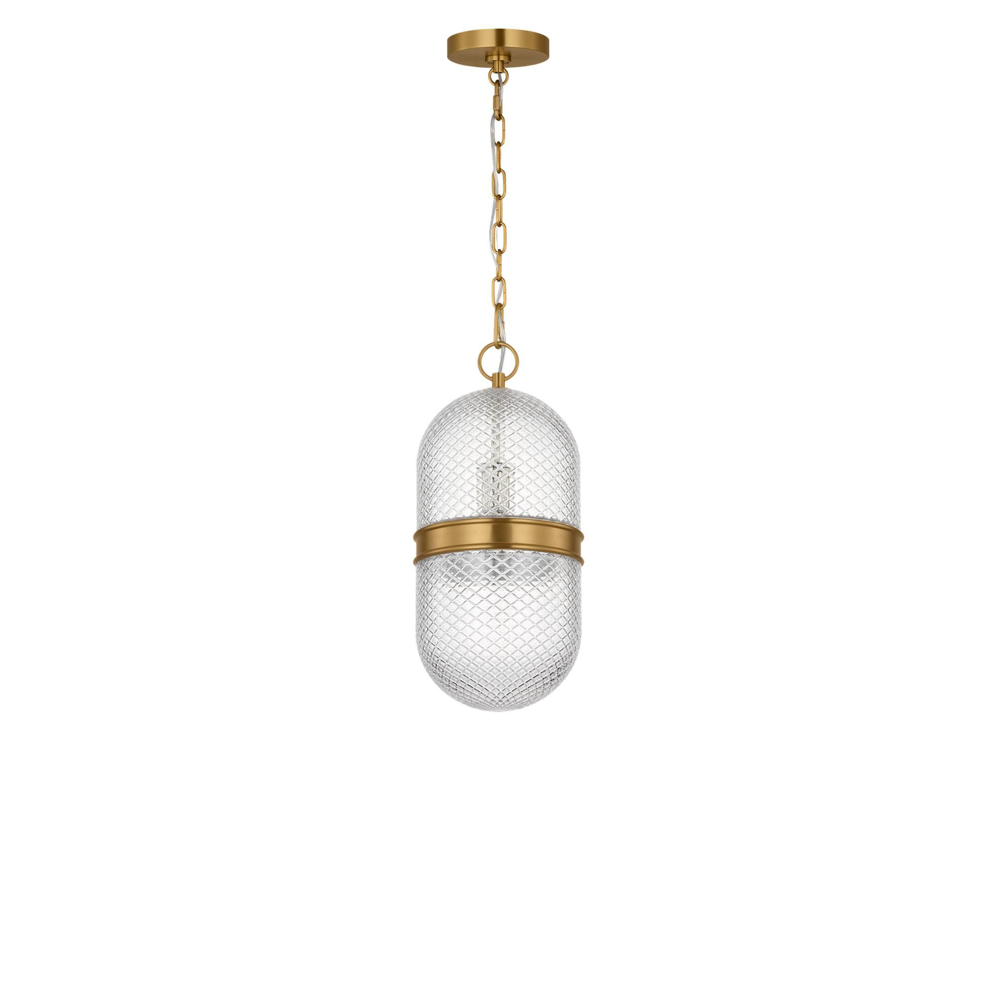 Shown in Burnished Brass finish and Textured Transparent Prismatic glass