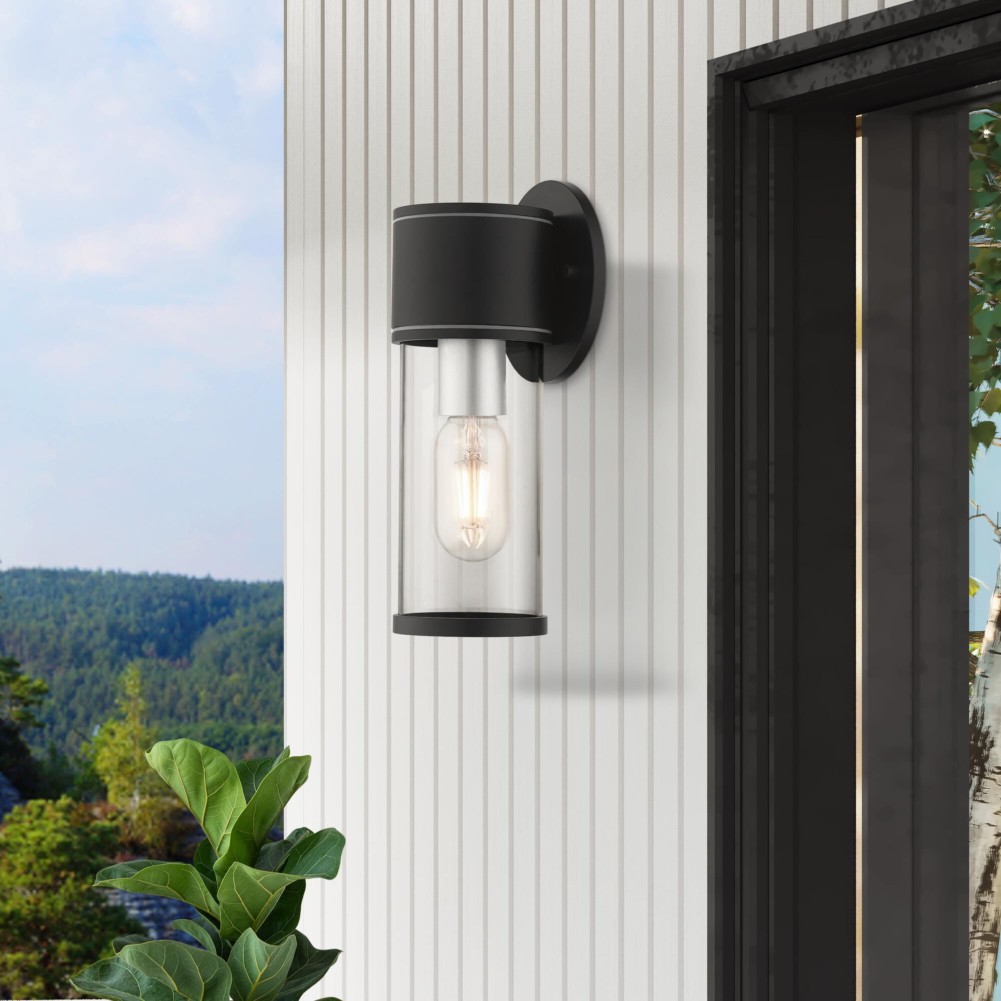 Shown in Textured Black With Antique Silver Accents finish and Clear glass