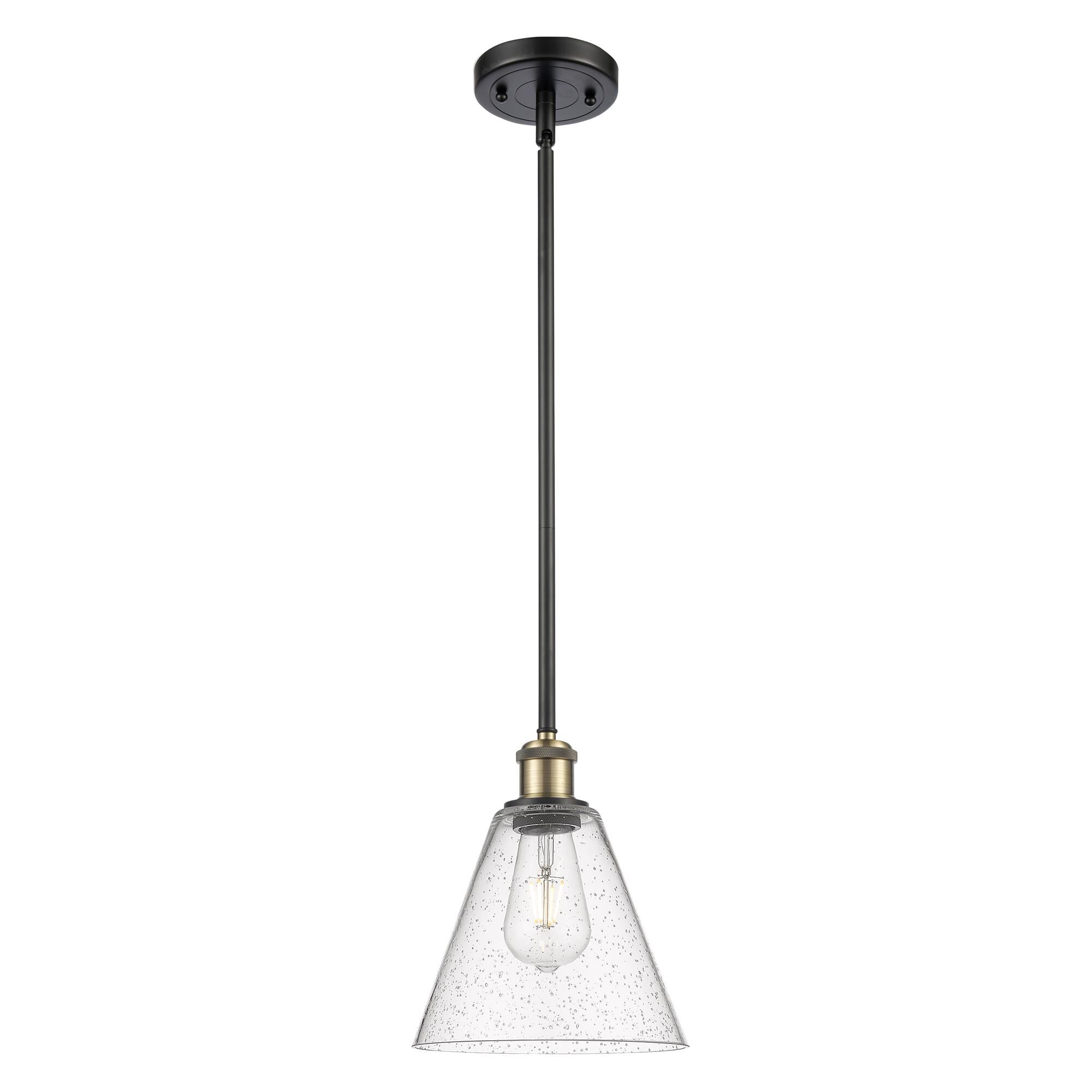 Shown in Black Antique Brass finish and Seedy Ballston Cone glass