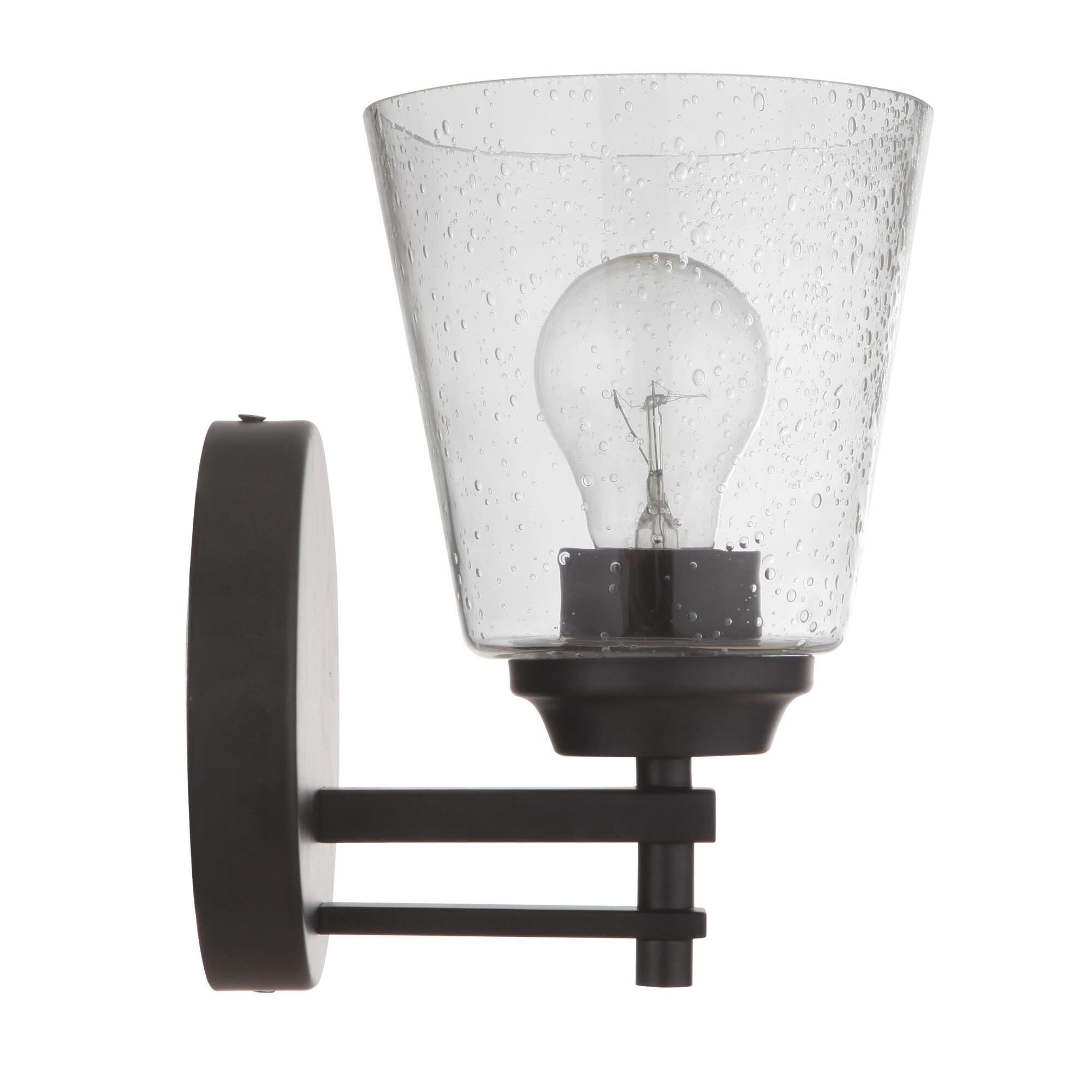 Shown in Flat Black finish and Clear Seeded glass and Glass shade