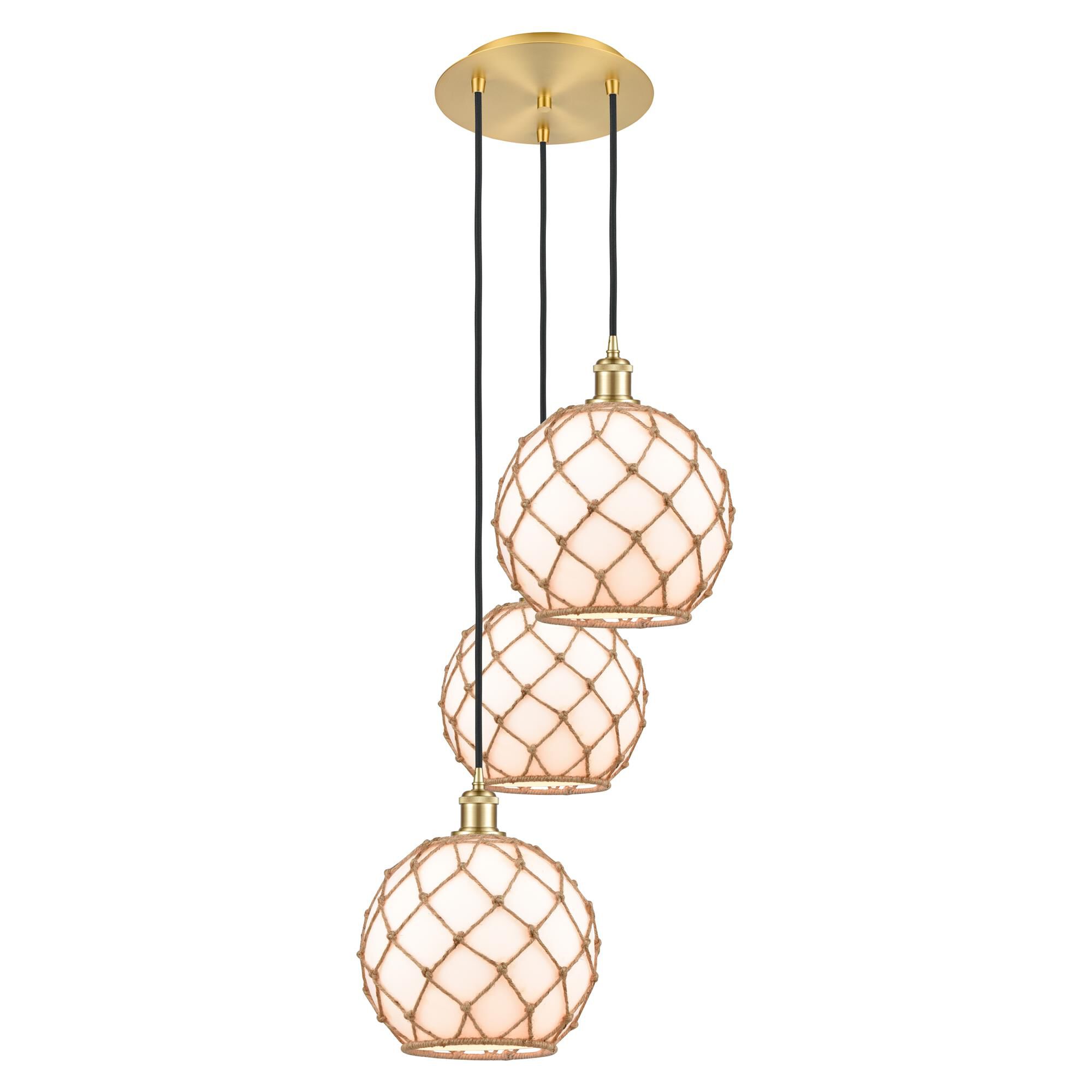 Shown in Satin Gold finish and White with Brown Rope glass