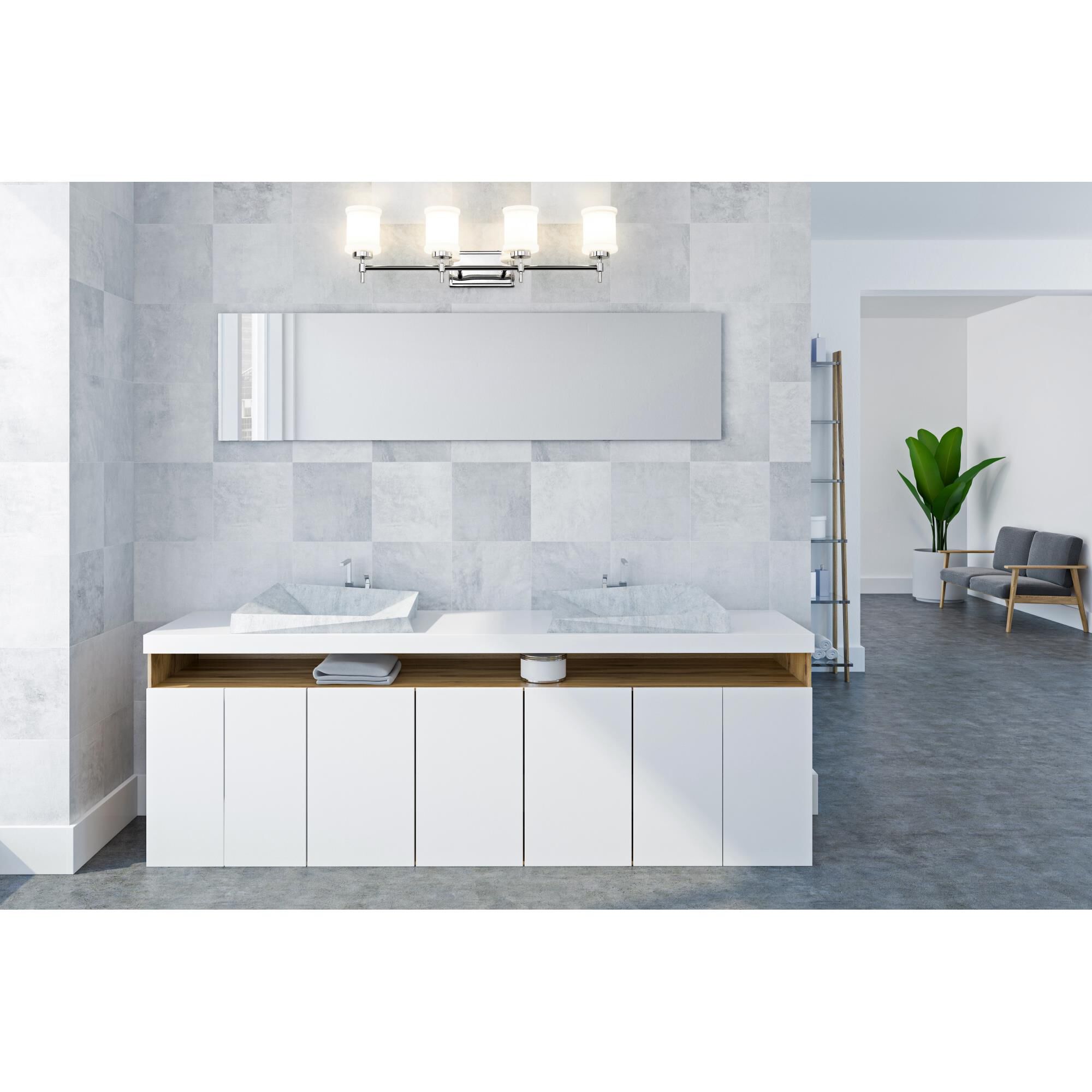 Shown in Chrome finish and Gloss Opal glass and Gloss Opal shade