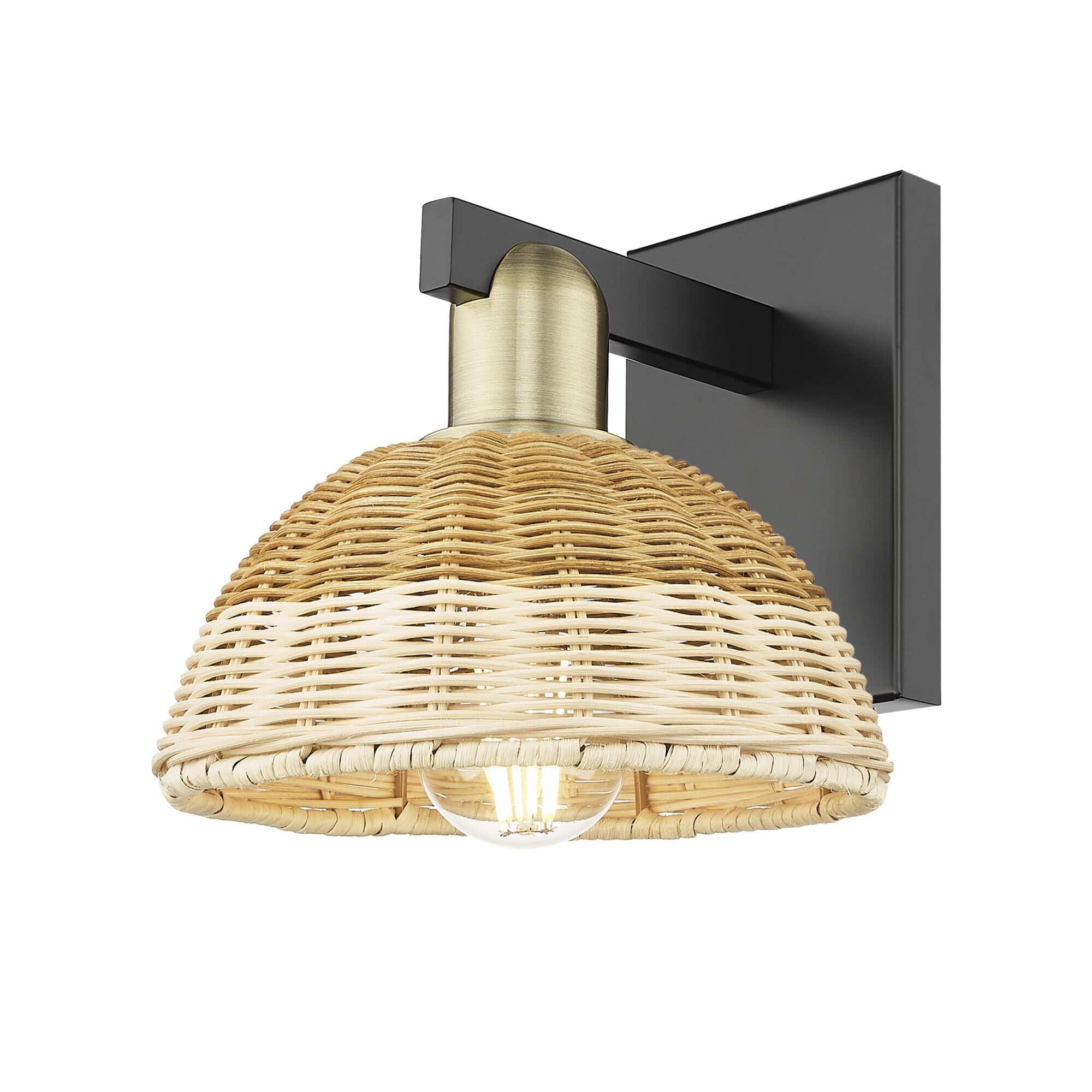 Shown in Black Antique Brass finish and Natural Fiber shade