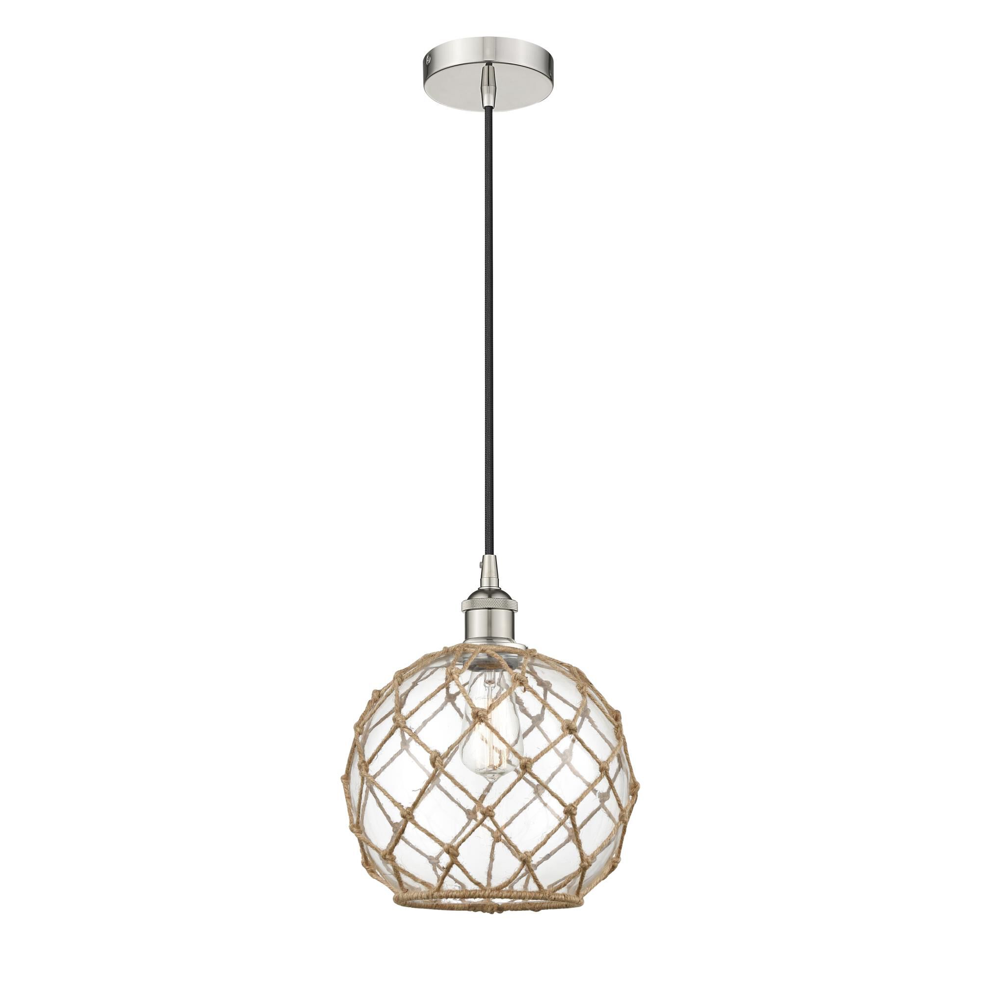 Shown in Polished Nickel finish and Clear Large Farmhouse With Brown Rope glass