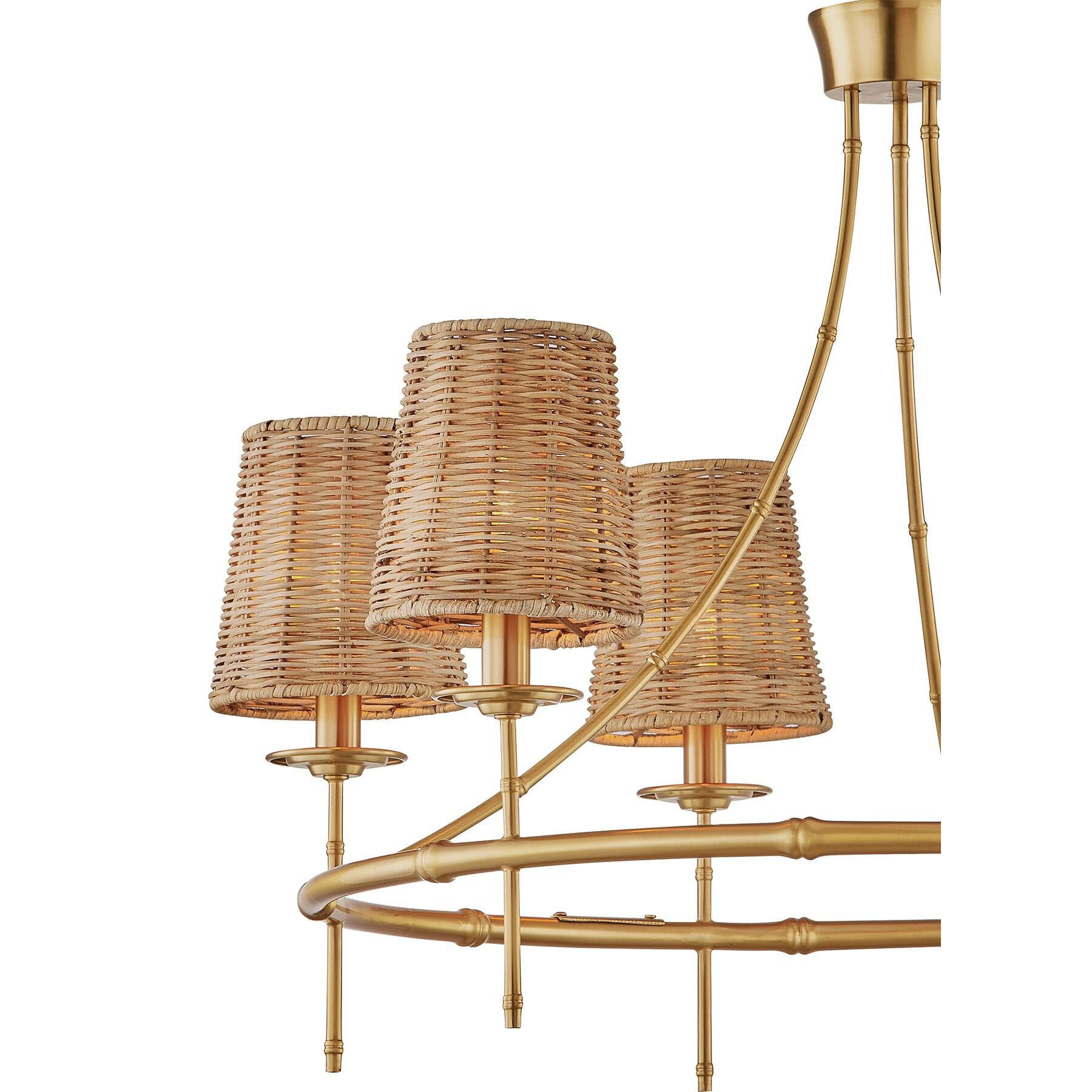 Shown in Warm Brass finish and Rattan shade