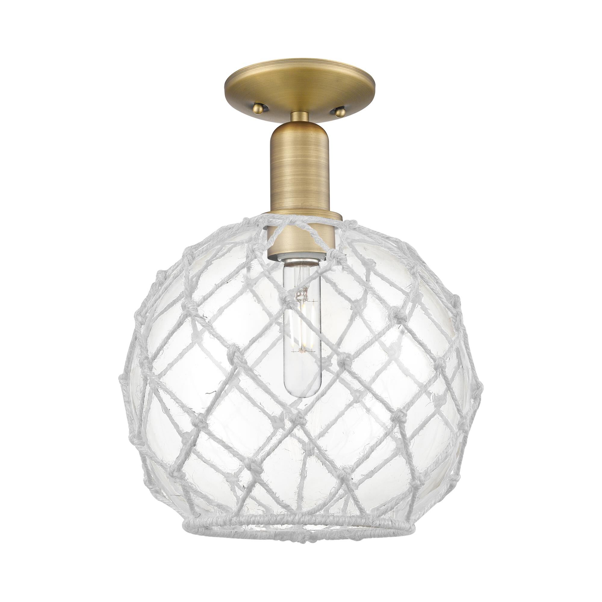 Shown in Brushed Brass finish and Clear with White Rope glass