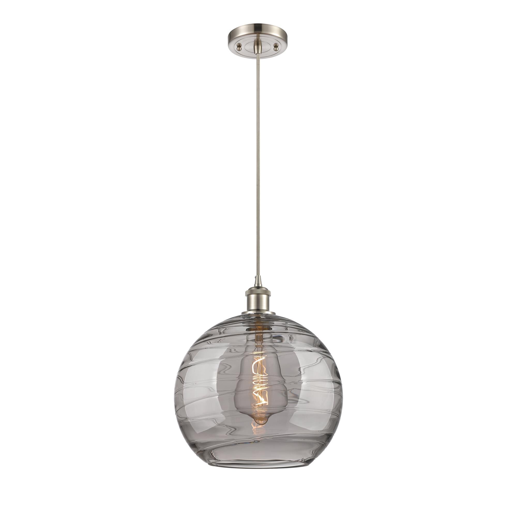 Shown in Brushed Satin Nickel finish and Smoked Deco Swirl glass