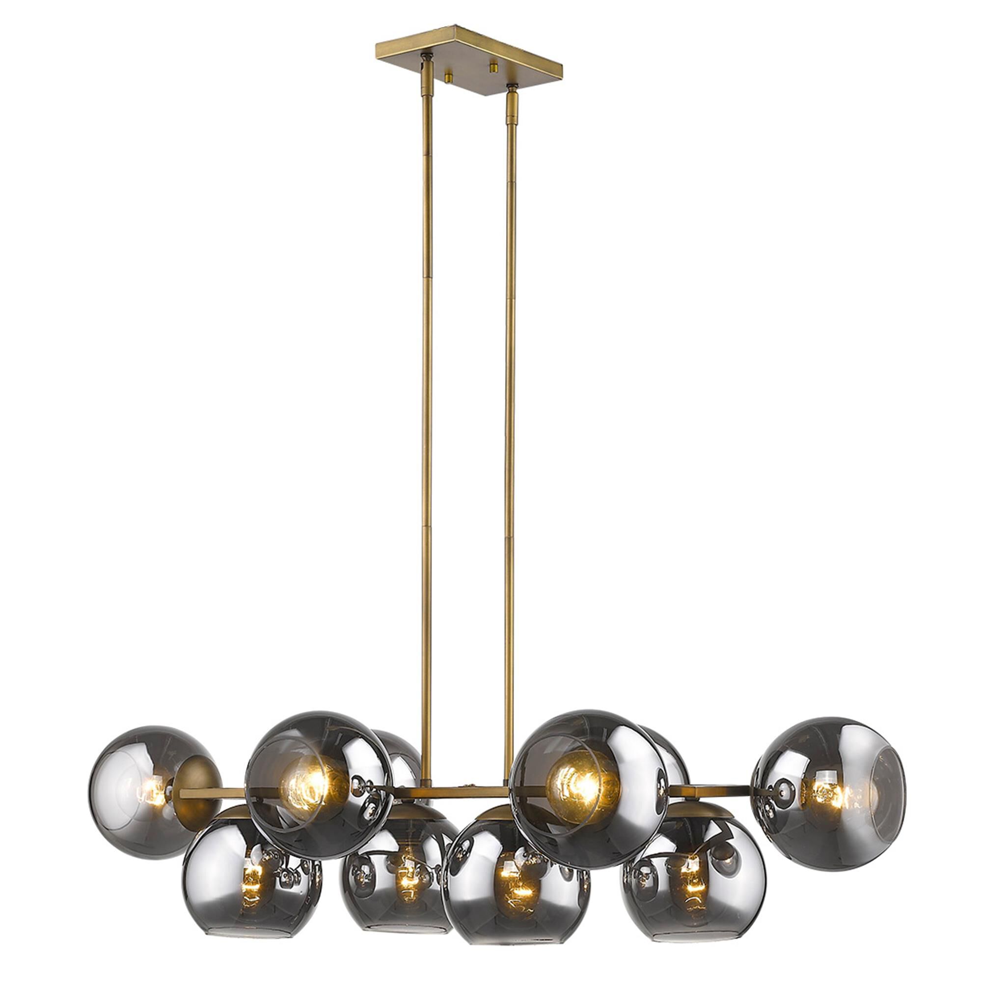 Shown in Aged Brass finish and Smoke glass and Smoke Glass Globes shade