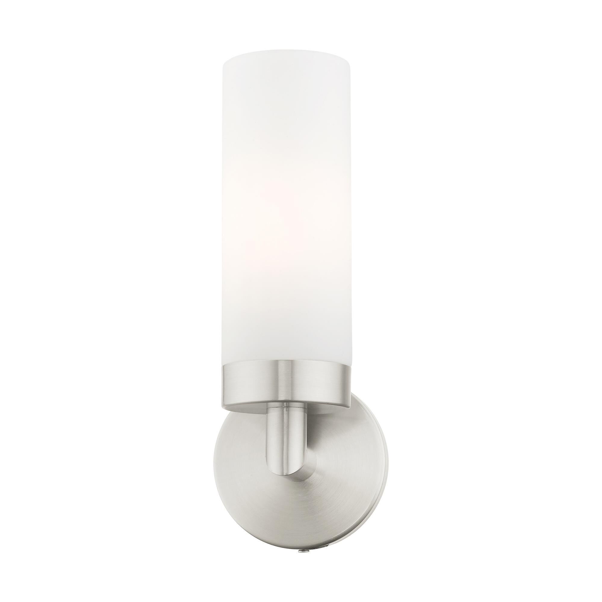 Shown in Brushed Nickel finish and Hand Blown Satin Opal White glass