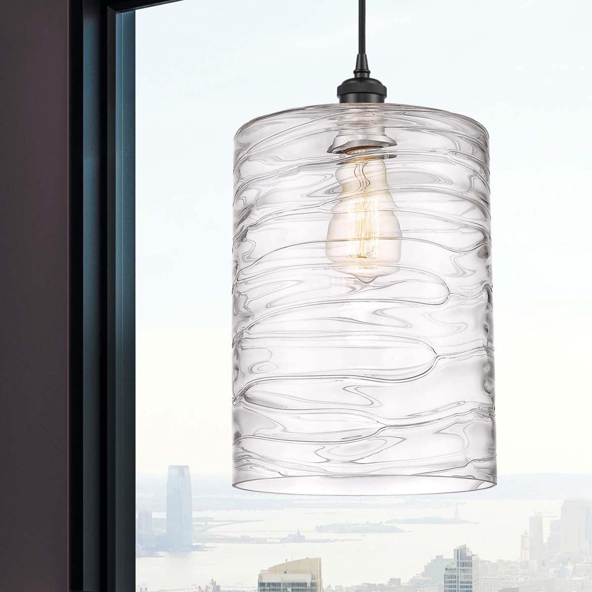 Shown in Matte Black finish and Deco Swirl glass and Cord Hung accent