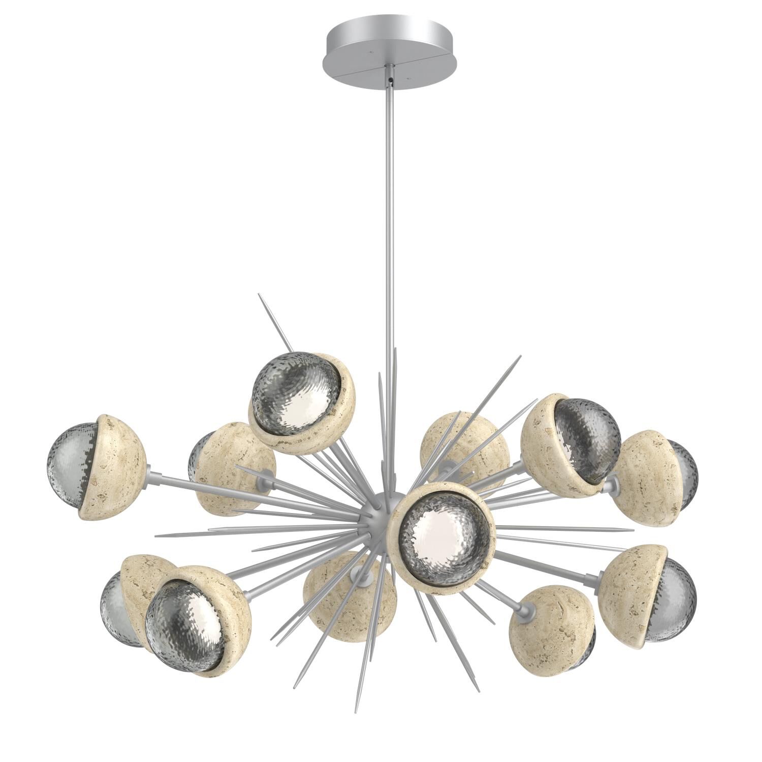 Shown in Classic Silver finish and Smoke glass and Travertine Stone accent