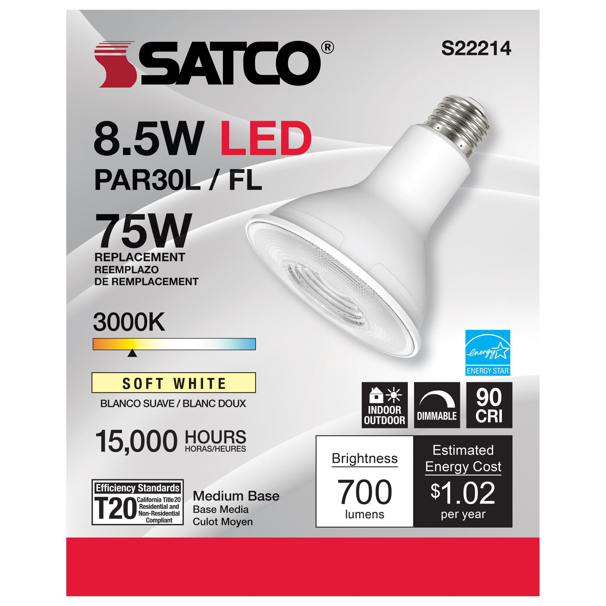 Dimmable 8.5 Watt 3000K PAR30LN LED Light Bulb by Satco