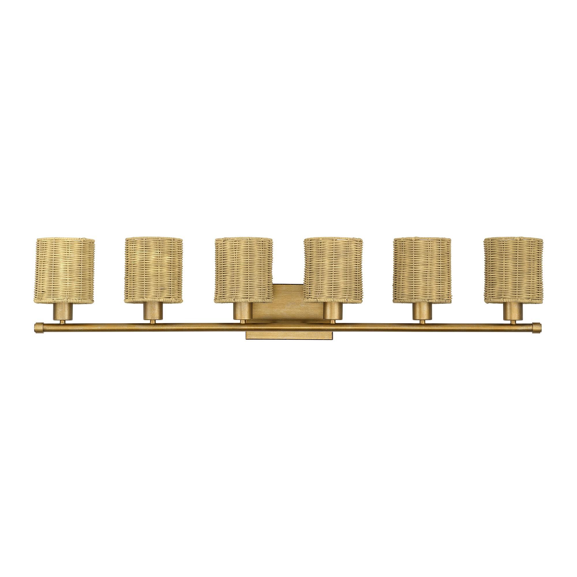 Shown in Antique Gold Leaf finish and Hand-Woven Rustic Walnut Color Rattan shade