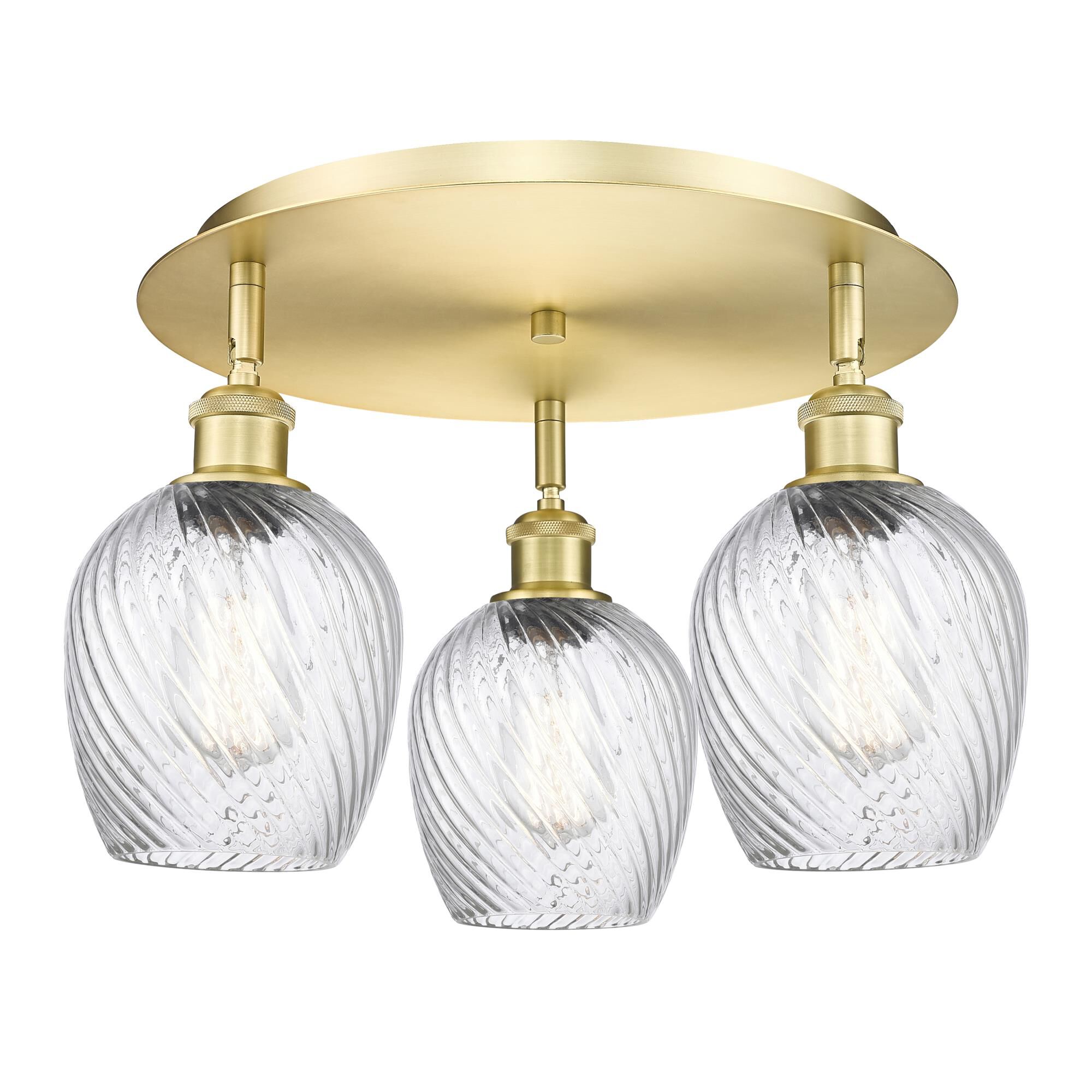 Shown in Satin Gold finish and Clear Spiral Fluted glass