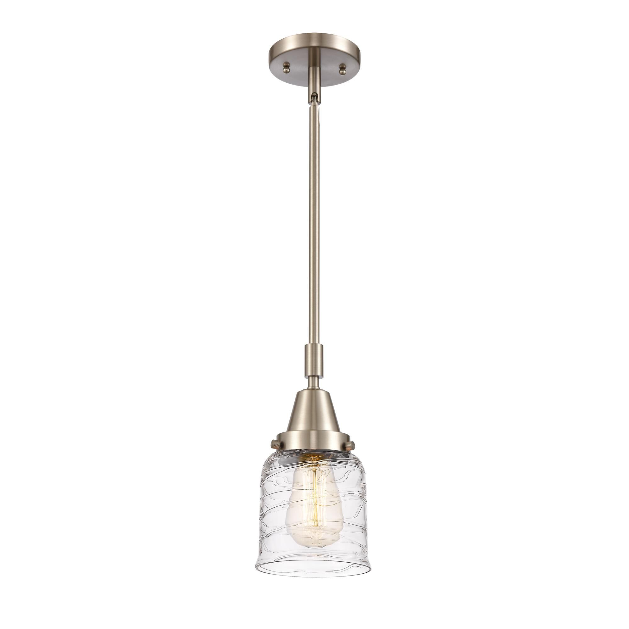Shown in Brushed Satin Nickel finish and Clear Deco Swirl Small Bell glass