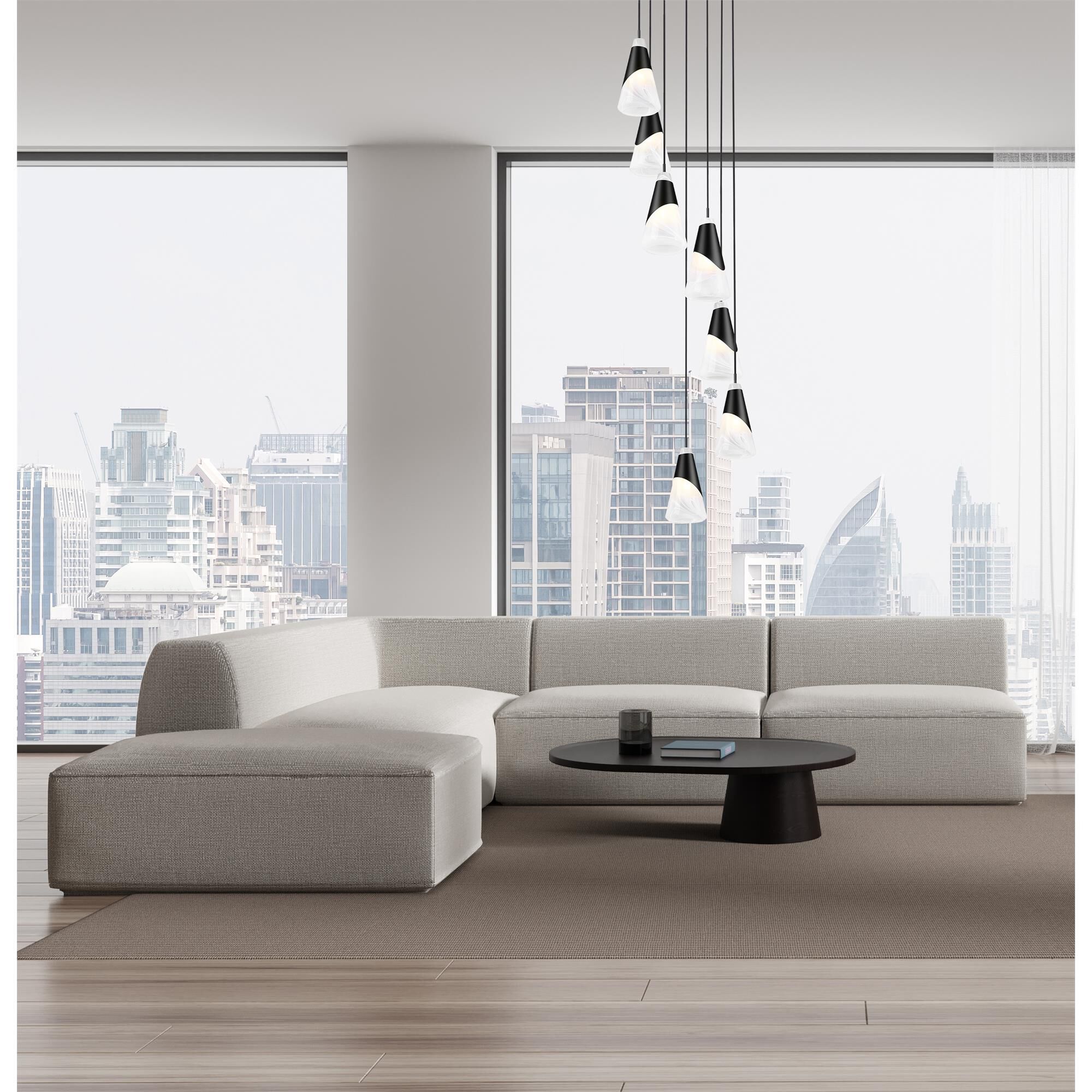 Shown in Matte Black finish and White Swirl glass and White Swirl shade