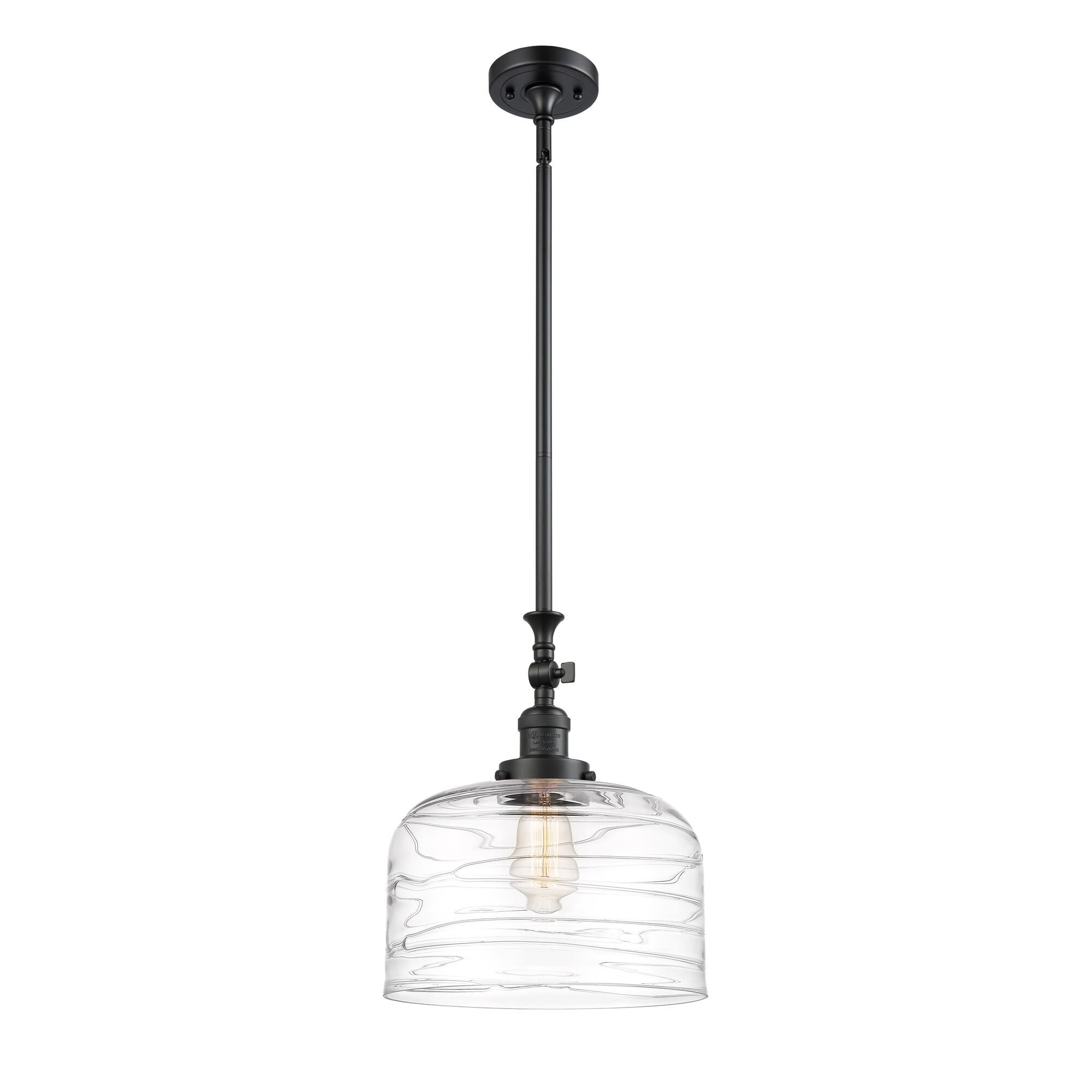 Shown in Matte Black finish and Clear Deco Swirl X-Large Bell glass