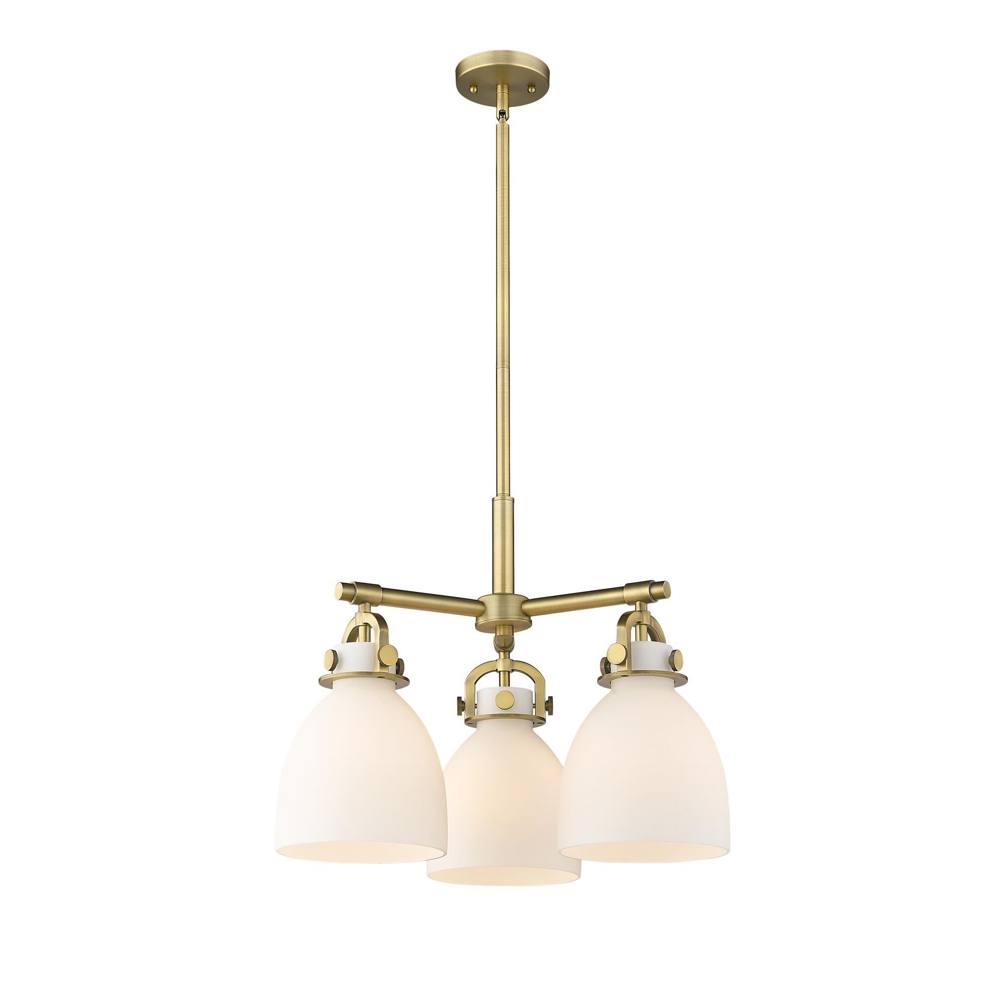 Shown in Brushed Brass finish and Matte White glass