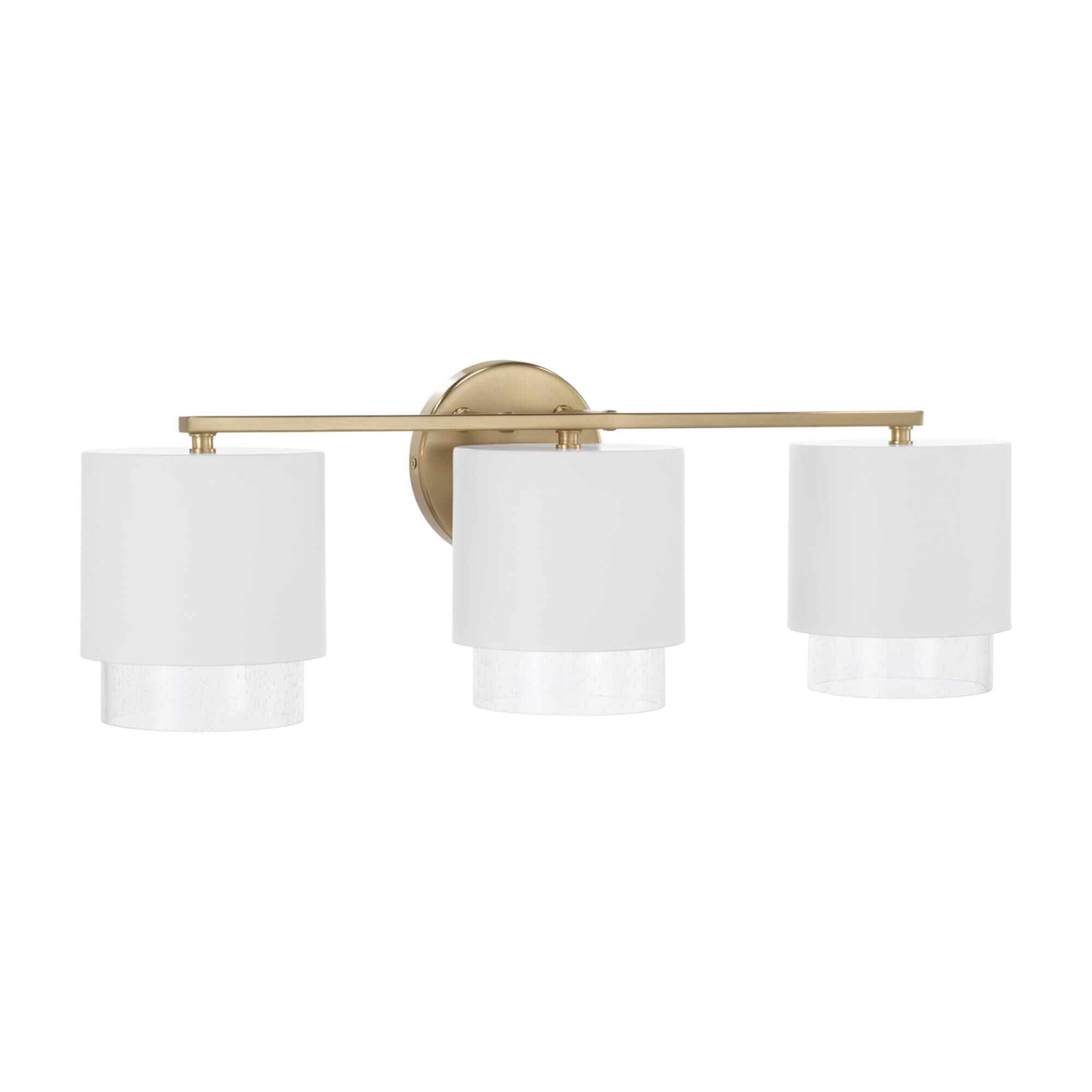 Shown in Matte Brass and White finish and Clear Seeded glass and Metal with Brass Interior shade