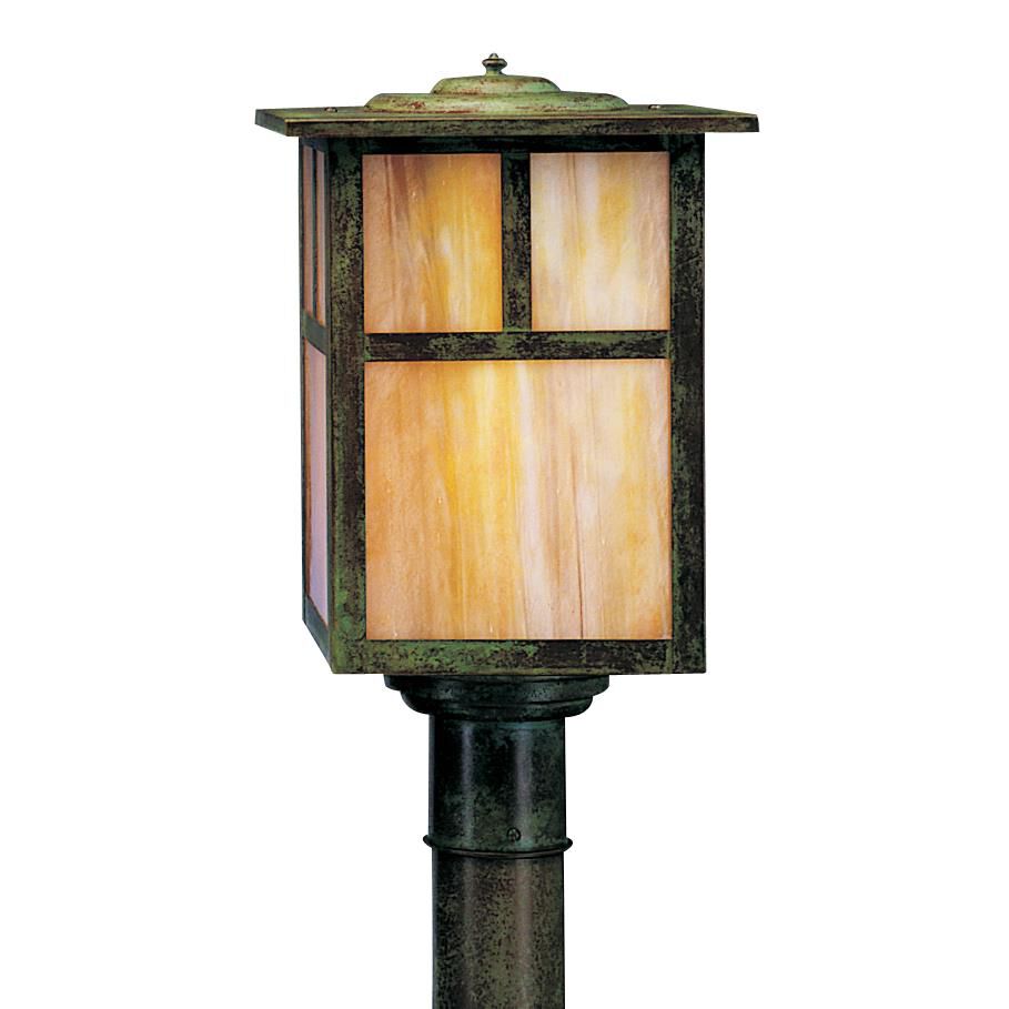 Shown in Verdigris Patina finish and Gold White Iridescent glass and T-Bar Overlay accent