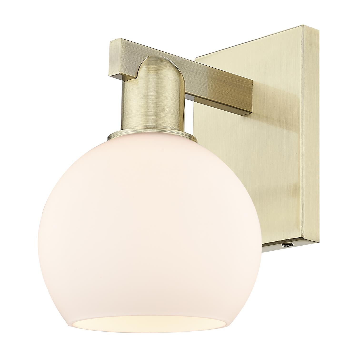 Shown in Antique Brass finish and Matte White glass