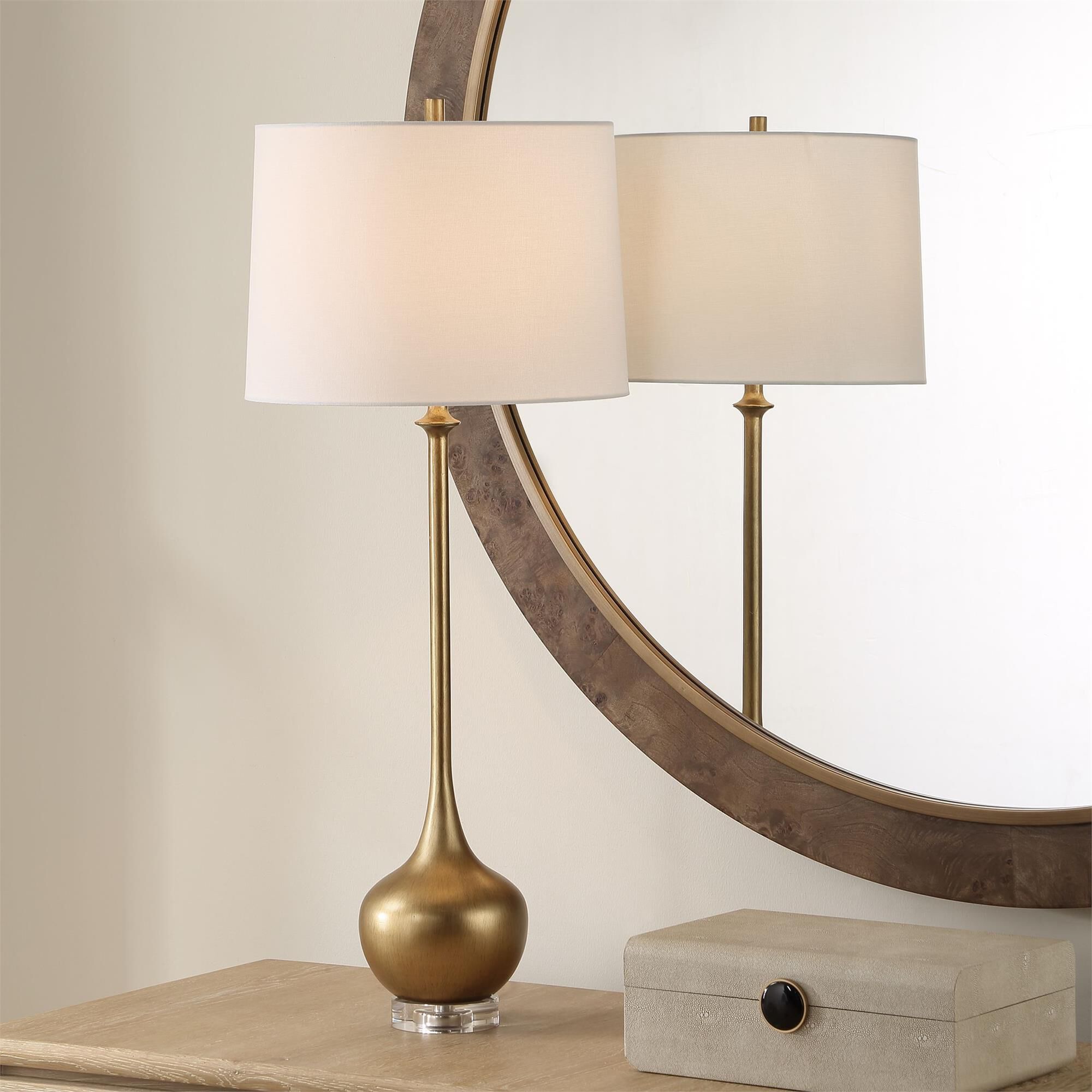 Shown in Brass, Gold finish and Taper Hardback shade