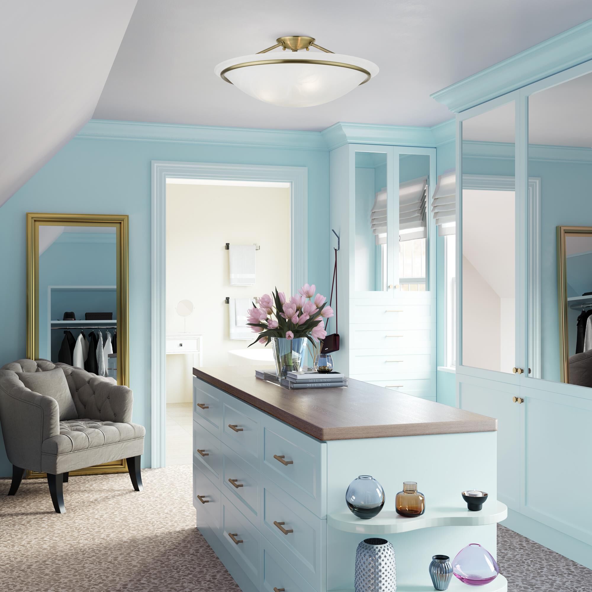 Shown in Antique Brass finish and White Alabaster glass and White Alabaster Glass shade