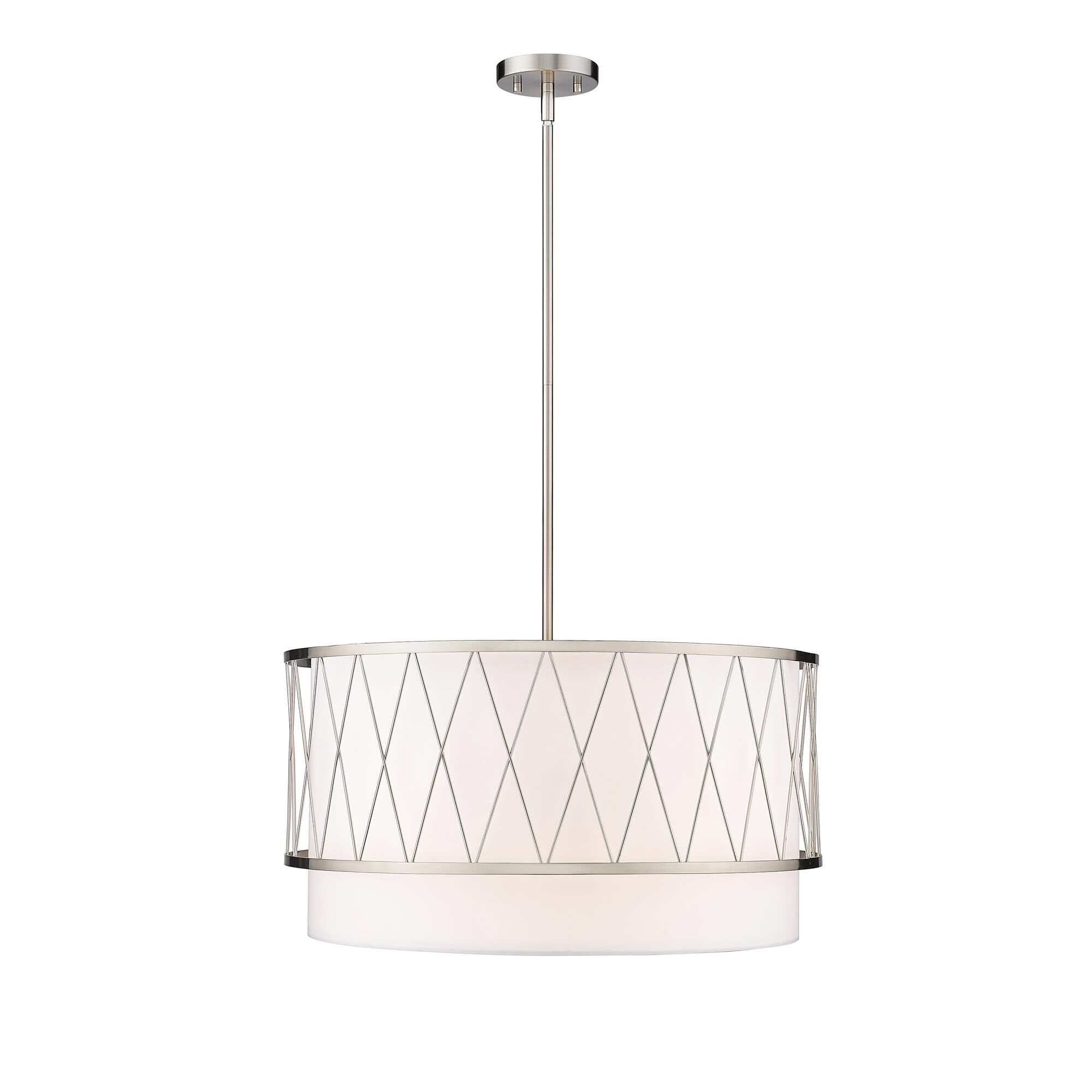 Shown in Brushed Nickel finish and White glass and White shade