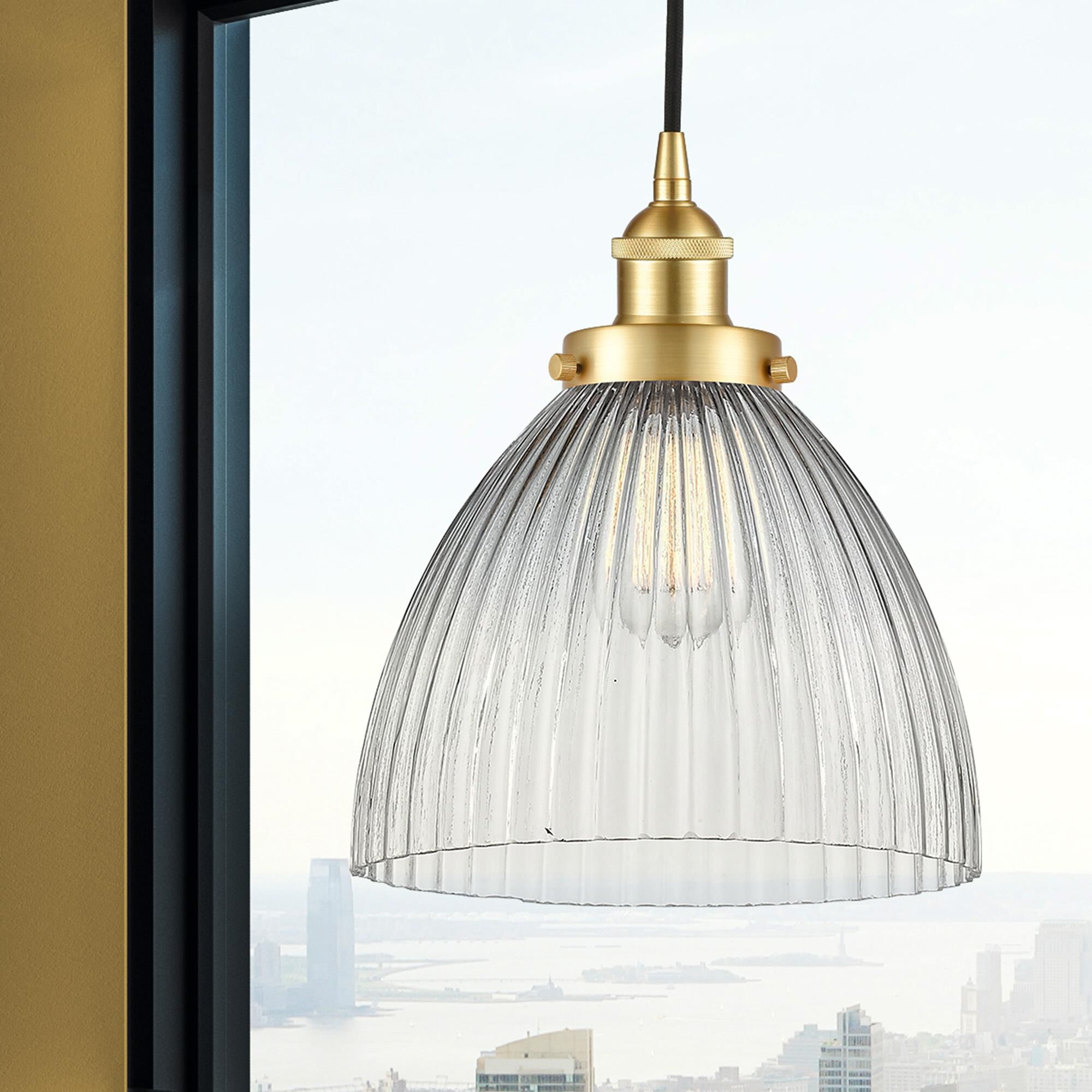 Shown in Satin Gold finish and Clear Halophane Seneca Falls glass