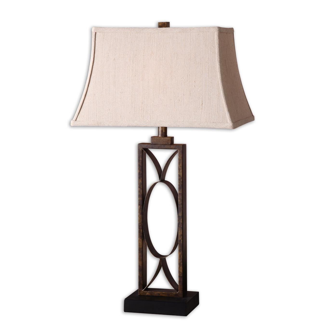 Shown in Mottled Dark Bronze finish and Ivory Linen Fabric shade