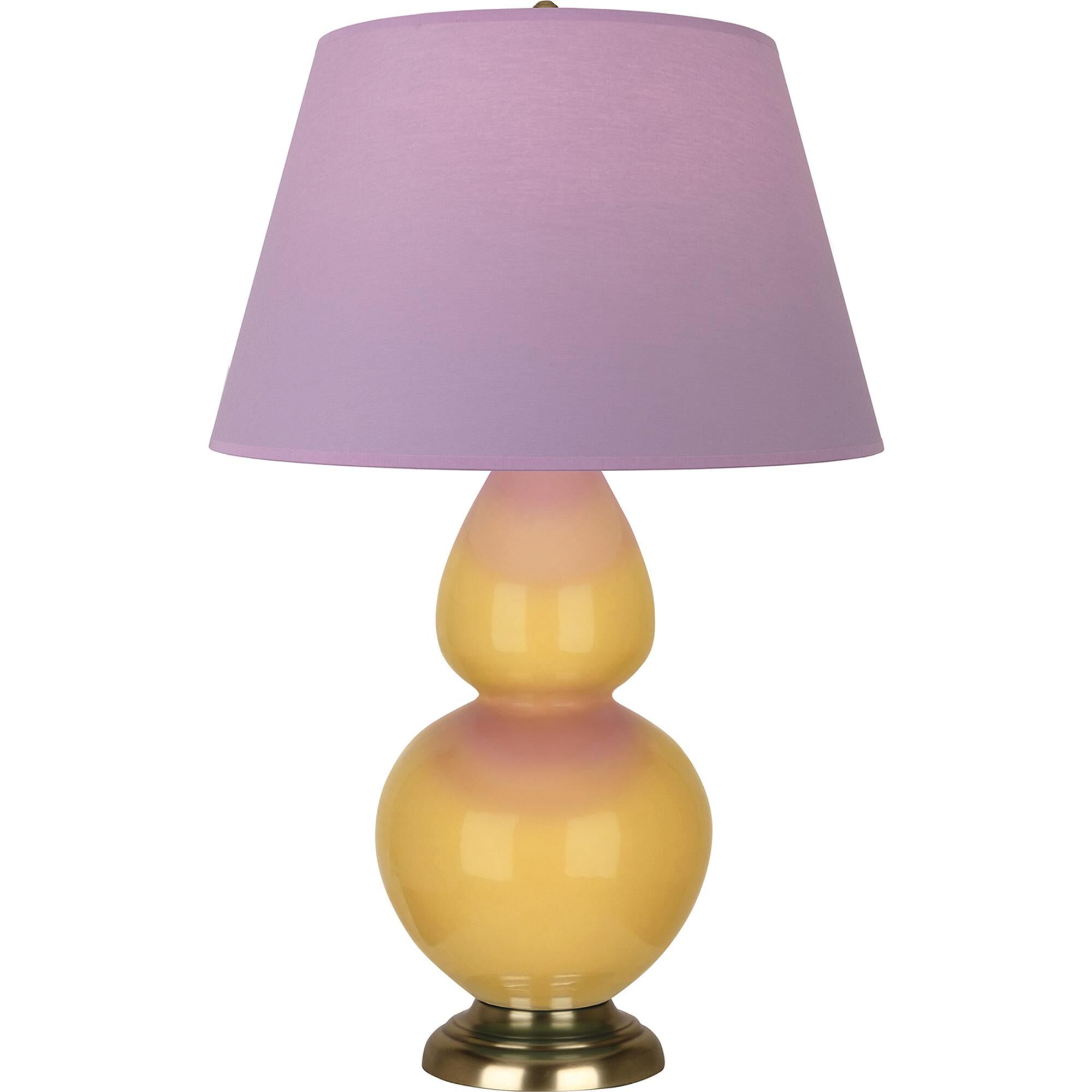 Shown in Sunset Yellow finish and Lavender and Plum shade and Antique Brass accent