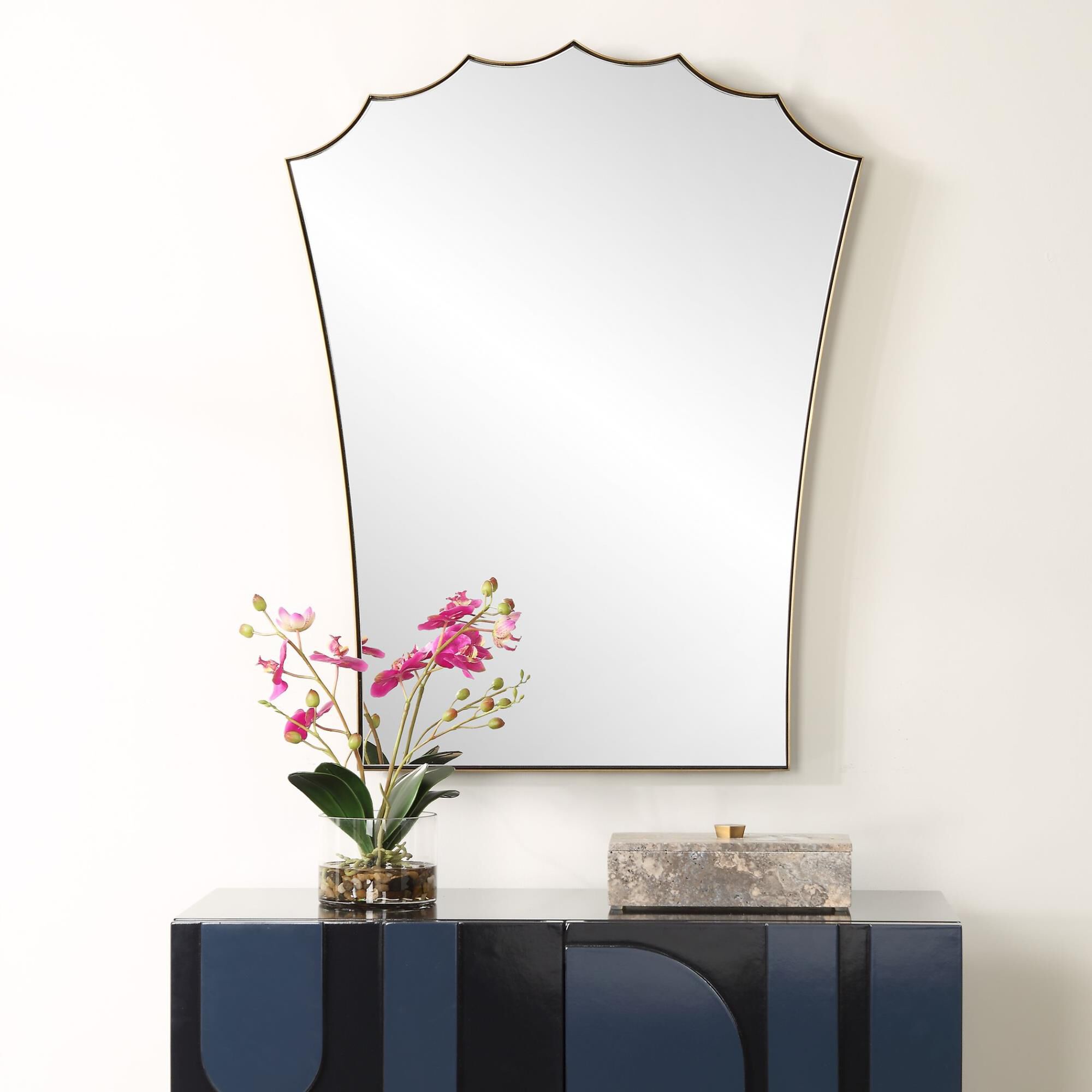 Shown in The Monarch Vanity Mirror Is Crafted With A Sleek Stainless Steel Frame Finished In Plated Antique B finish