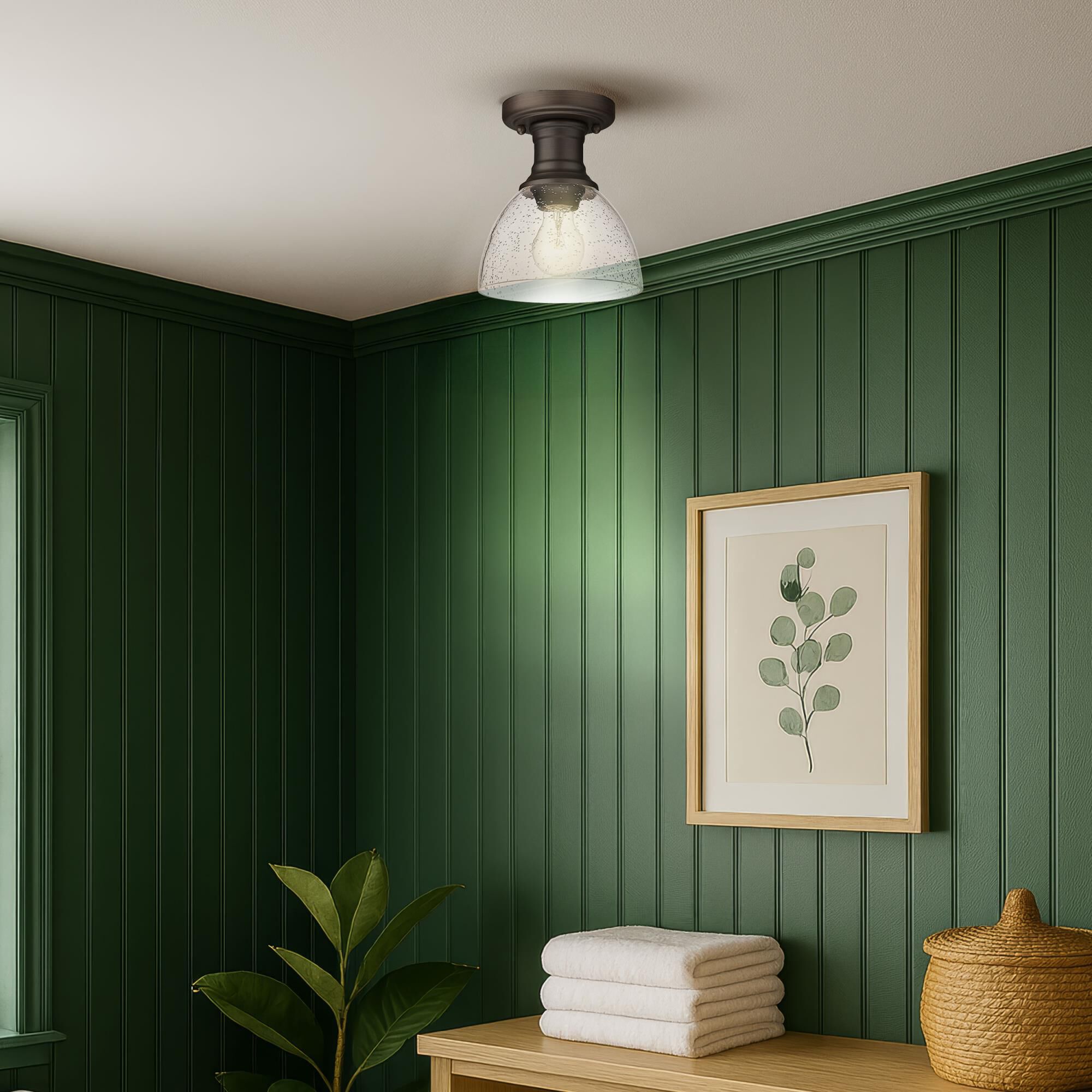 Shown in Rubbed Bronze finish and Seeded glass