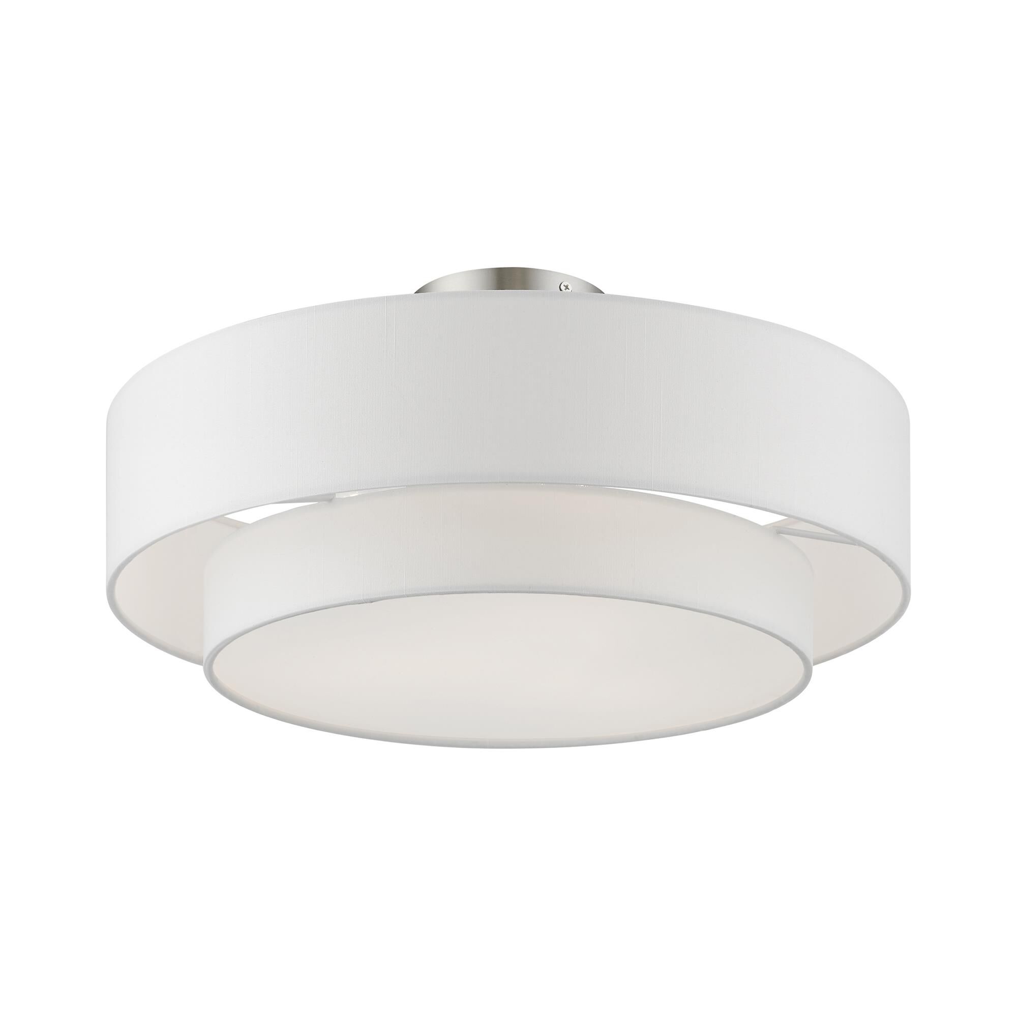 Shown in Brushed Nickel finish and Hand Crafted Off-White Hardback Fabric With White Fabric Inside shade