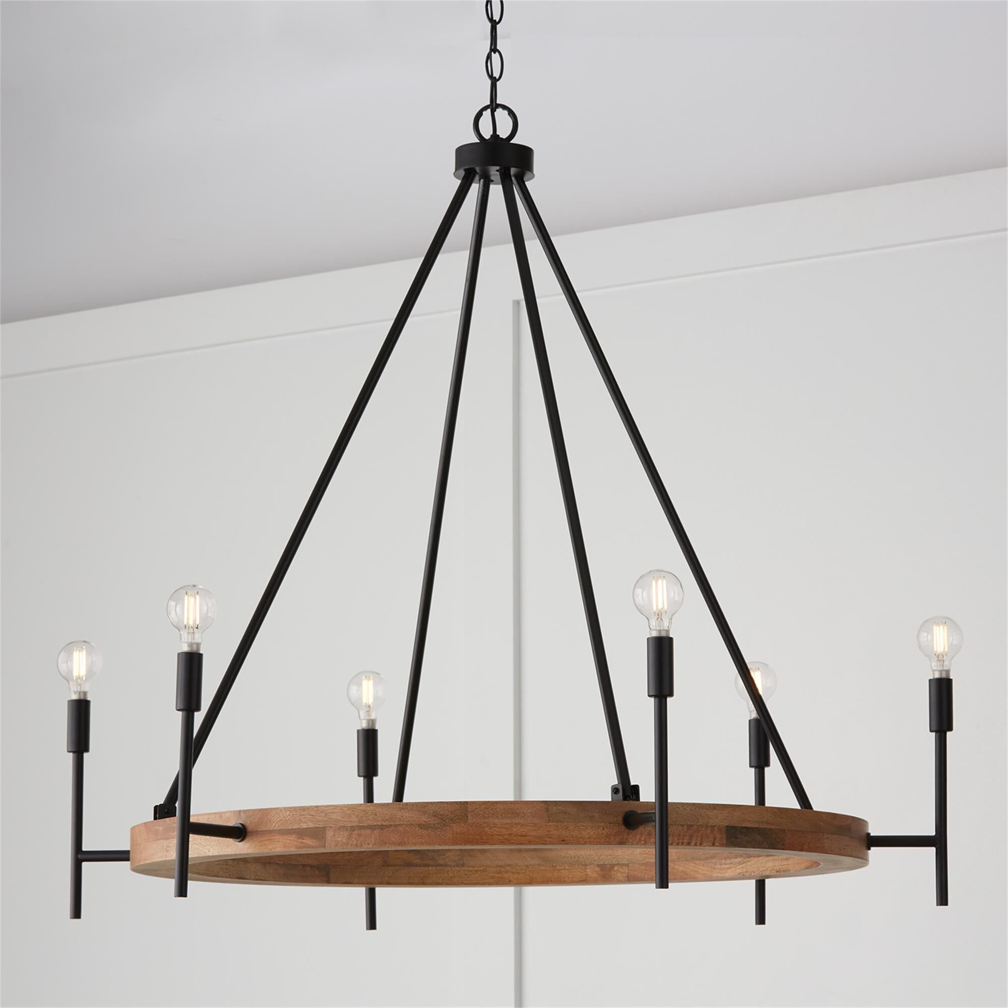Shown in Light Wood And Matte Black finish and White Fabric Stay-Straight s shade