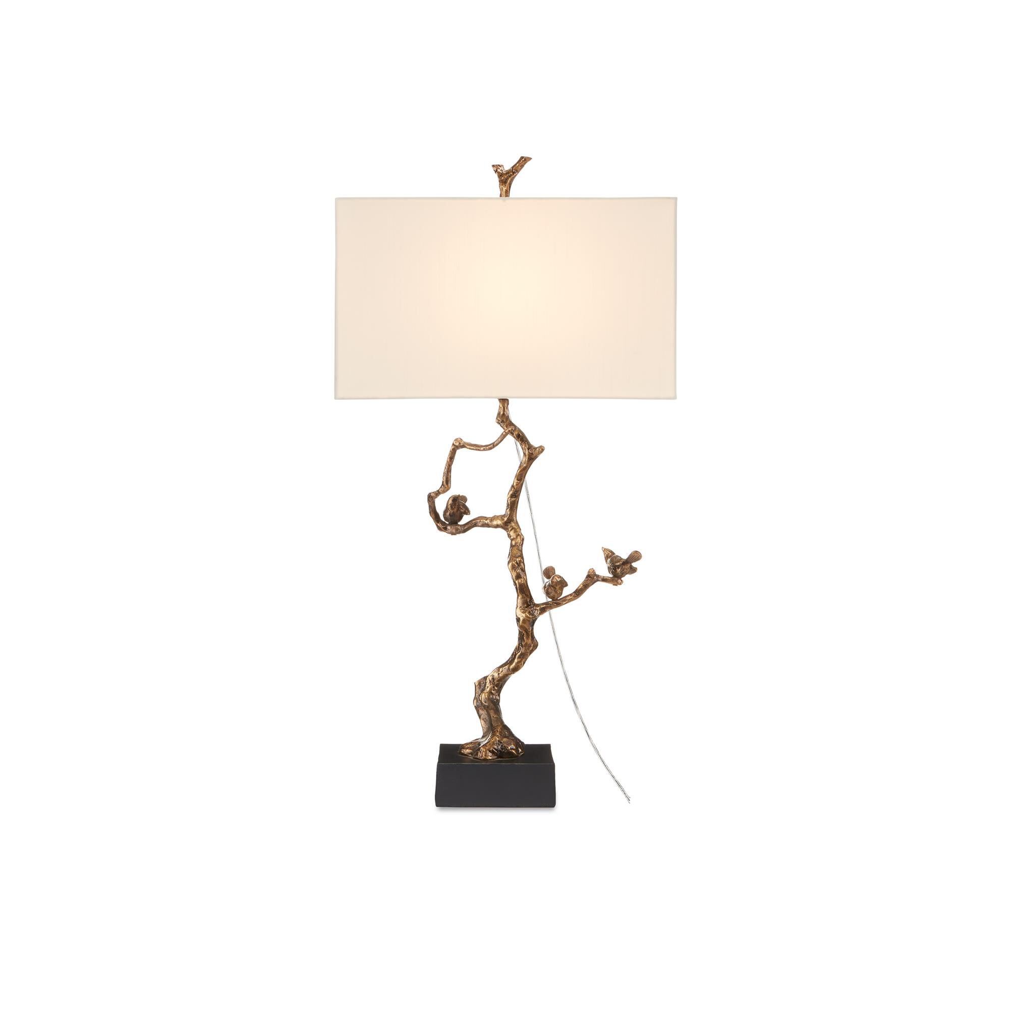 Shown in Antique Brass/Black finish and Off White Shantung shade