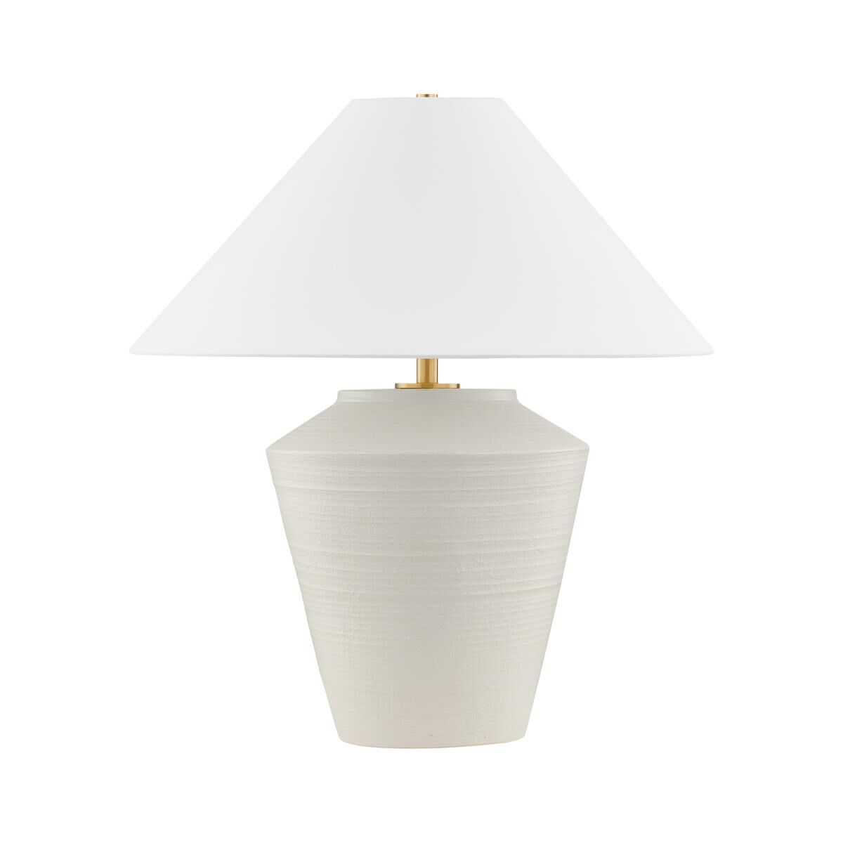 Shown in Aged Brass and Ceramic Whitewash Terracotta finish and White Linen shade
