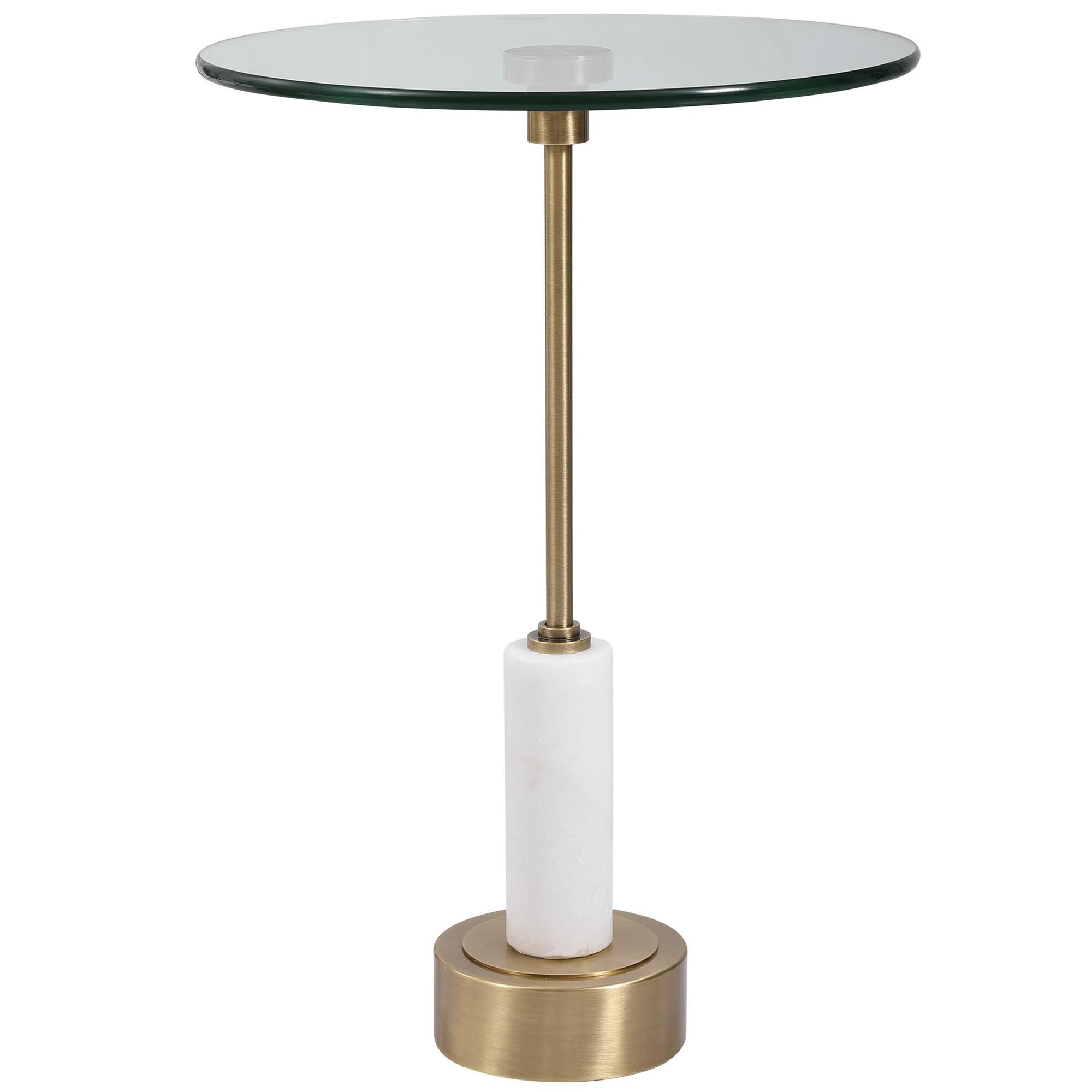 Shown in Elegant And Sophisticated, This Round Accent Table Features A Brushed Brass Iron Base With White Mar finish