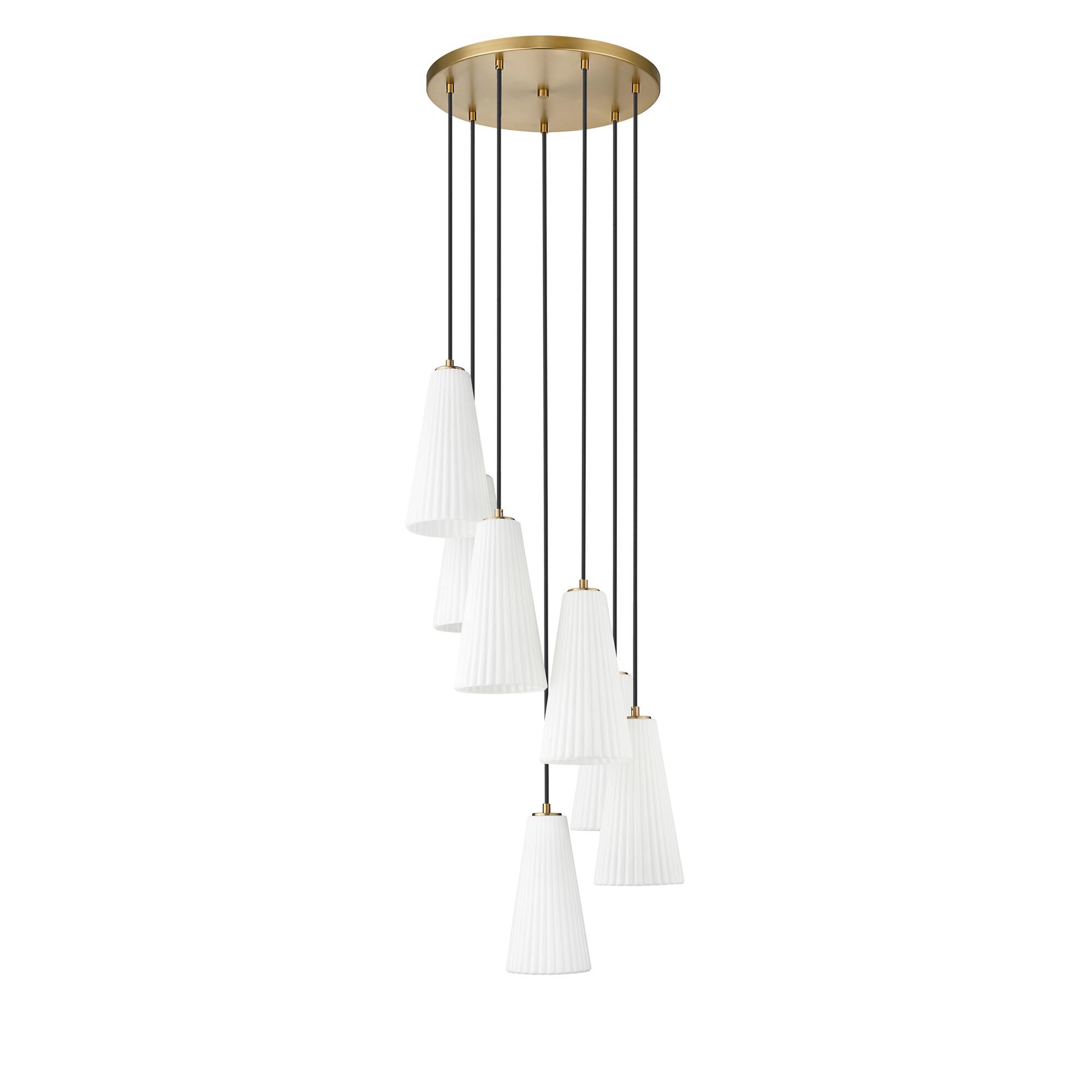 Shown in Modern Gold finish and White glass and White shade