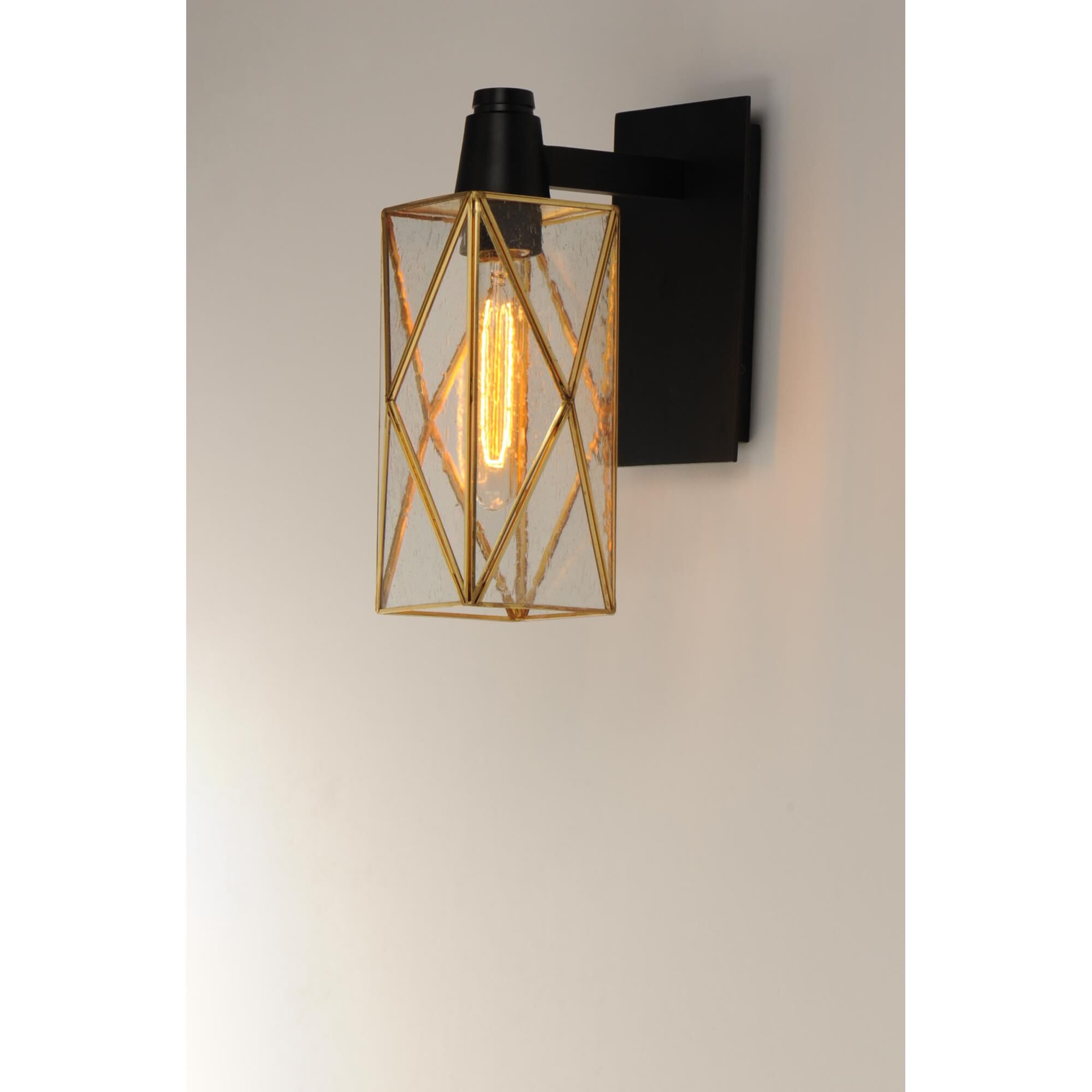 Shown in Black - Burnished Brass finish and Seedy glass