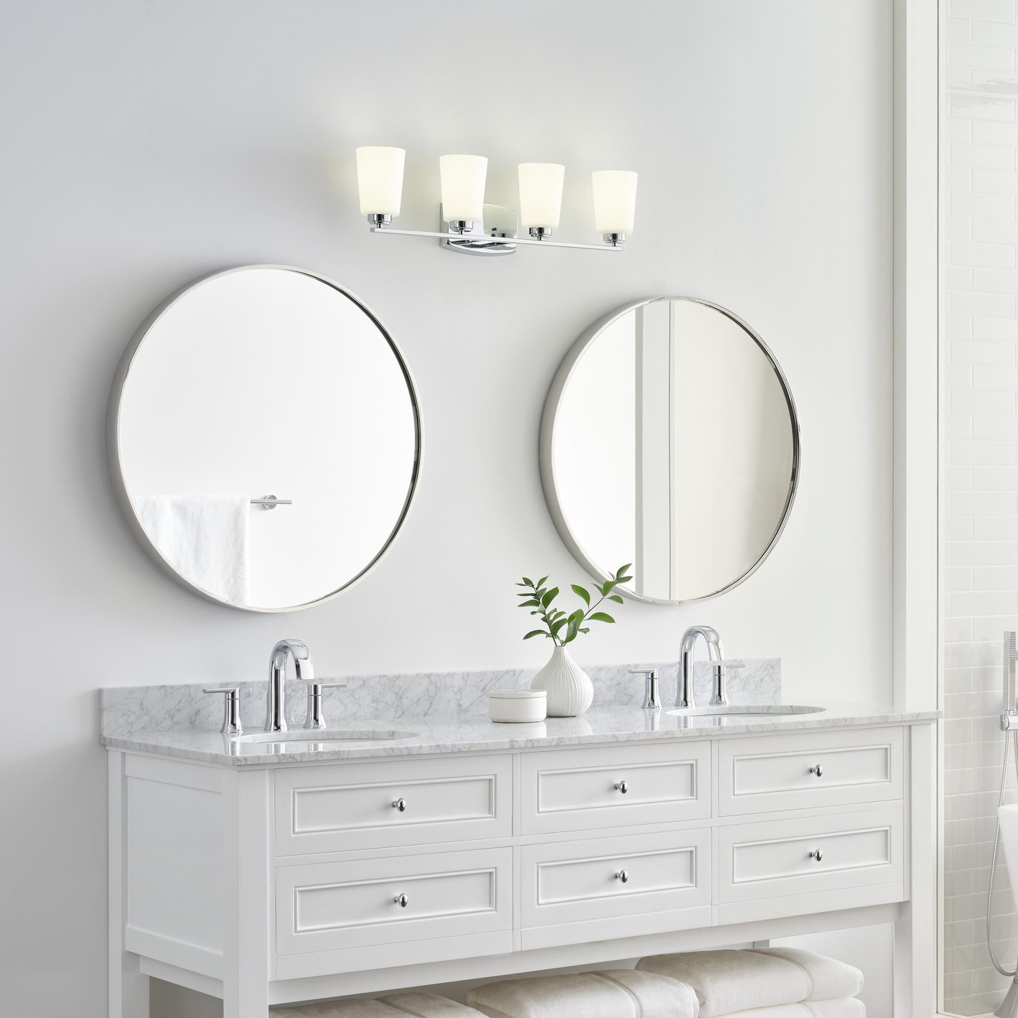 Shown in Chrome finish and Etched with White Inside glass