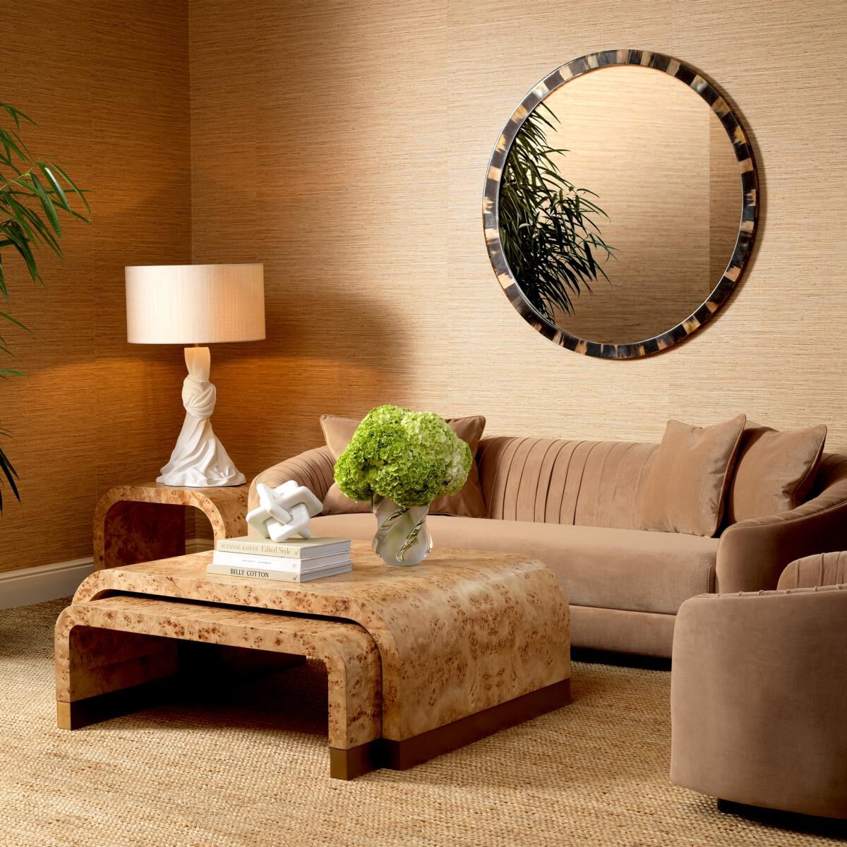 Shown in Light Brown Mappa Burl Veneer, Antique Brass finish
