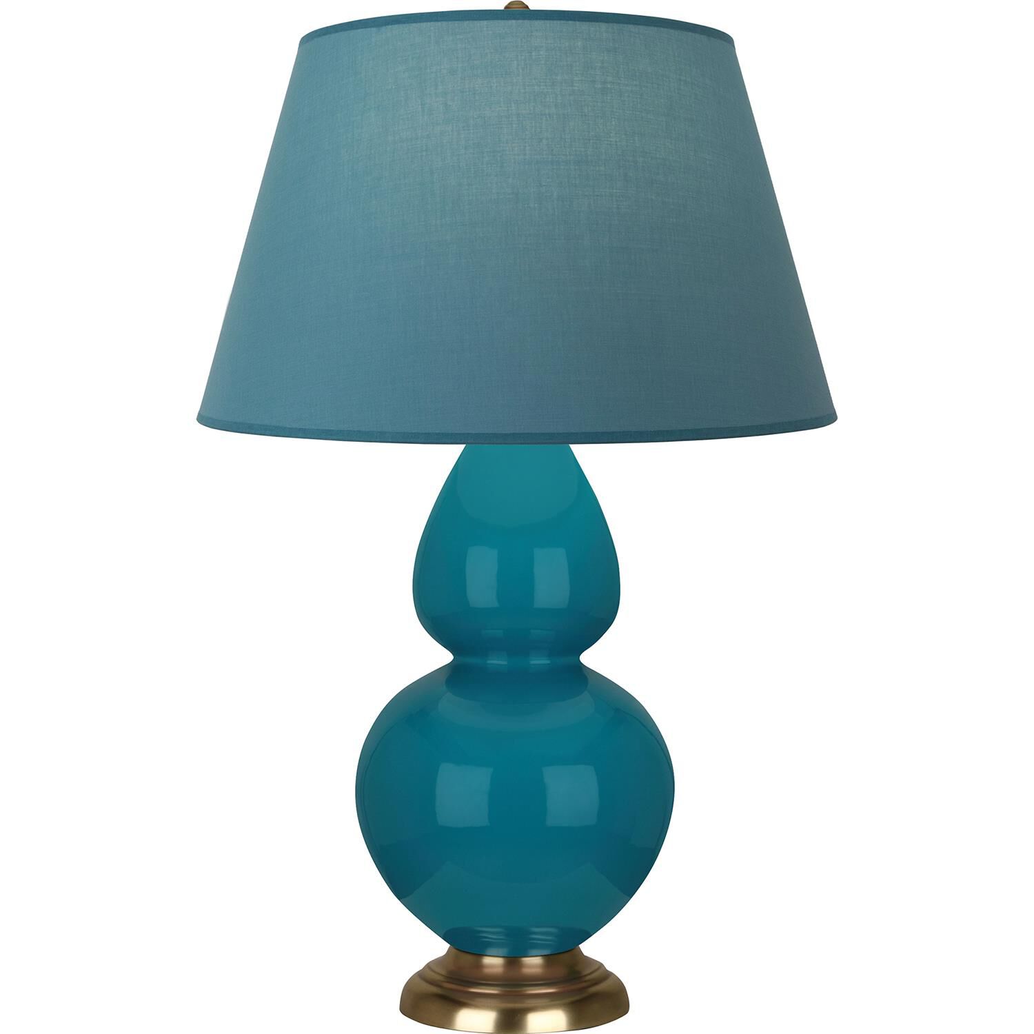 Shown in Peacock finish and Bright Blue and Gray shade and Antique Natural Brass accent