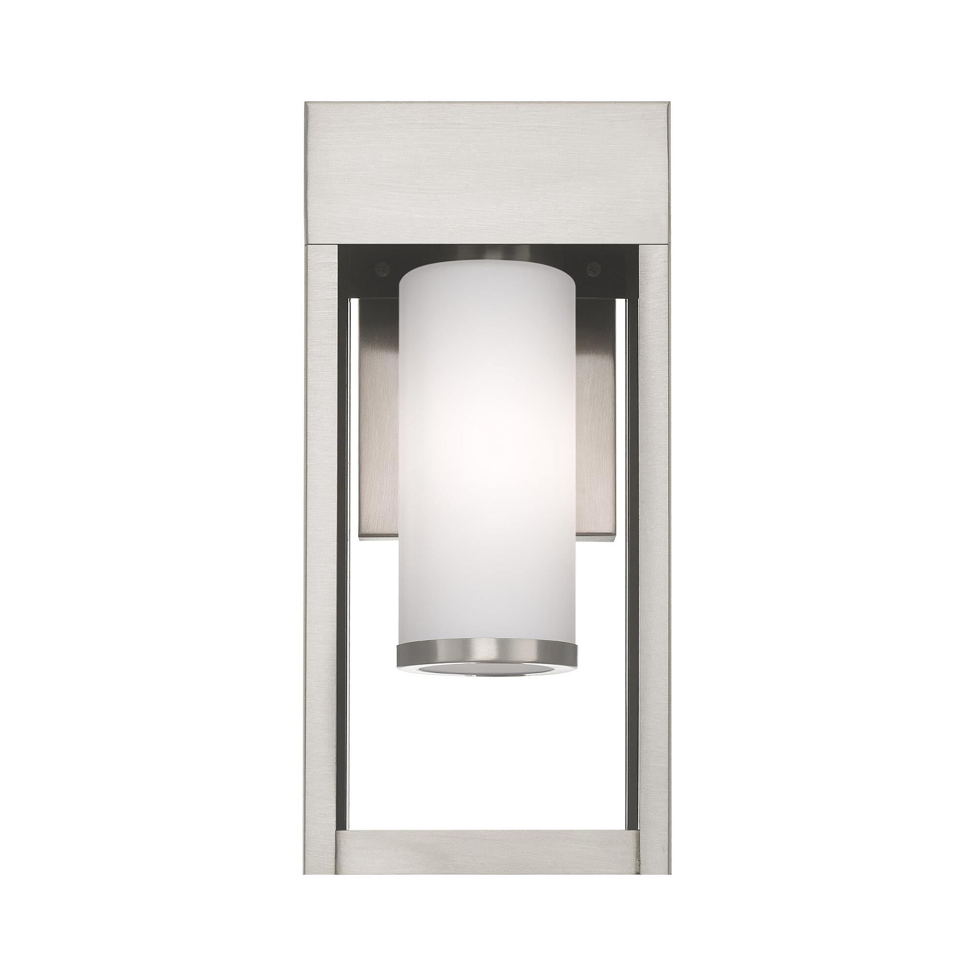 Shown in Brushed Nickel finish and Hand Blown Satin Opal White Cylinder glass