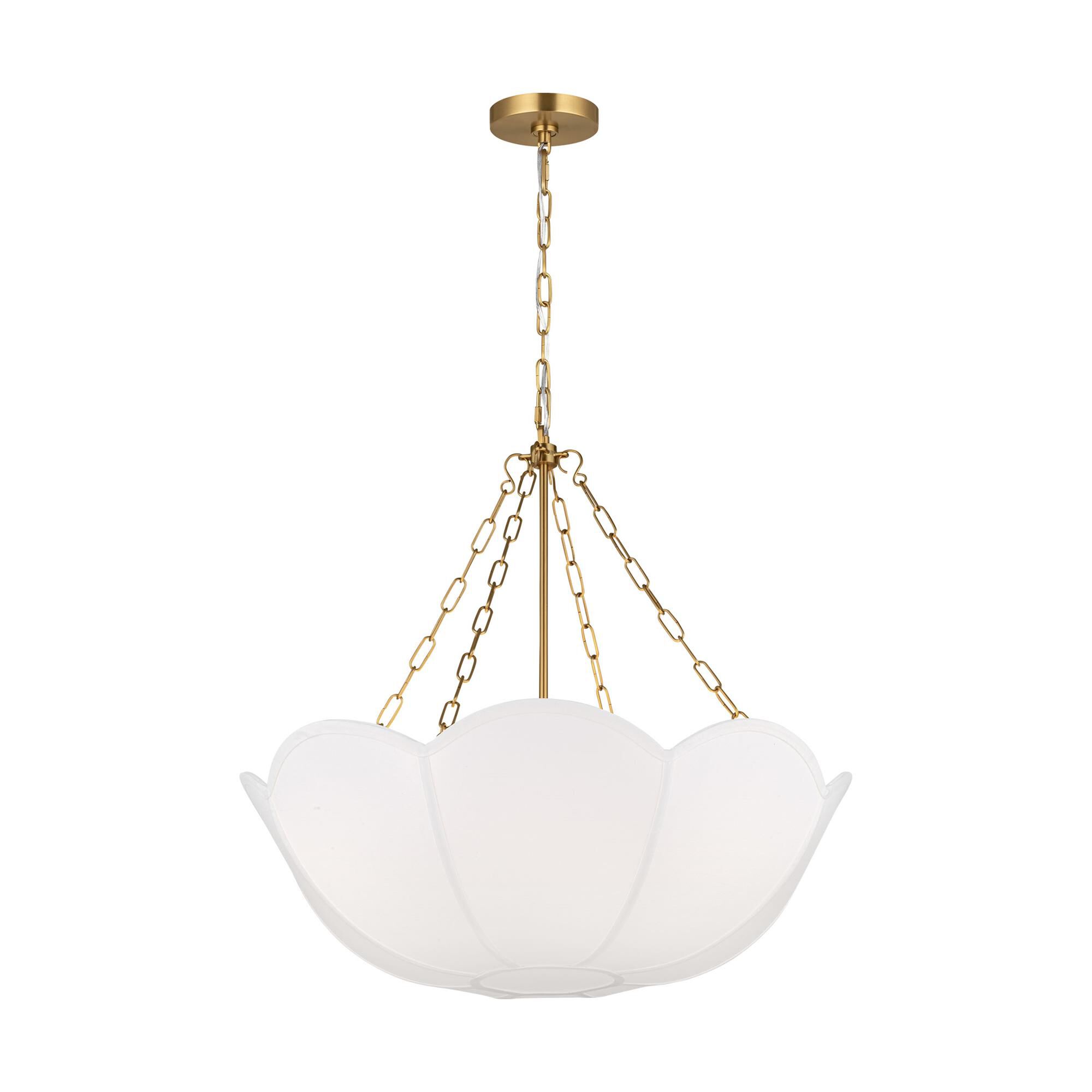 Shown in Burnished Brass finish and White Linen shade