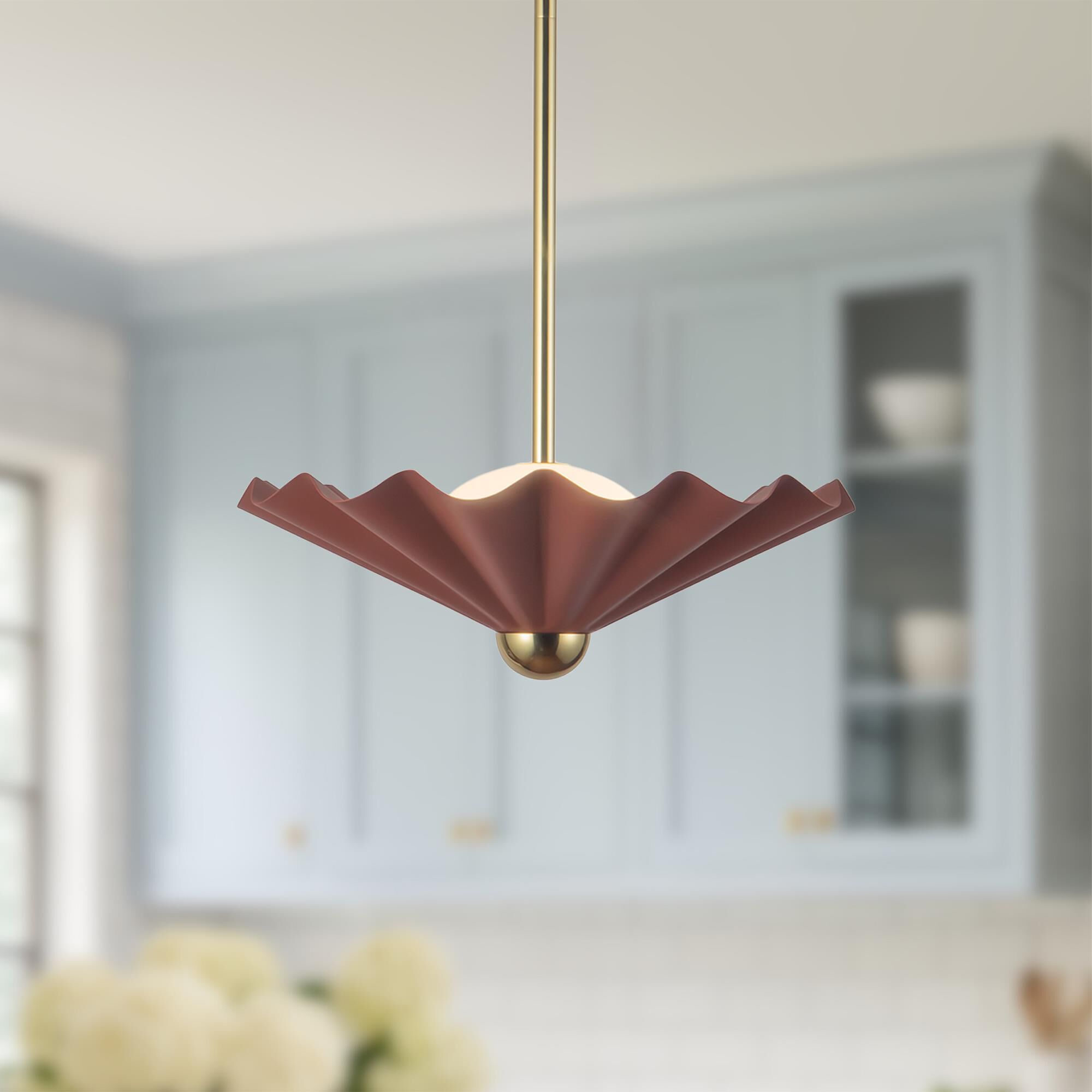 Shown in Burgundy finish and Matte Opal glass
