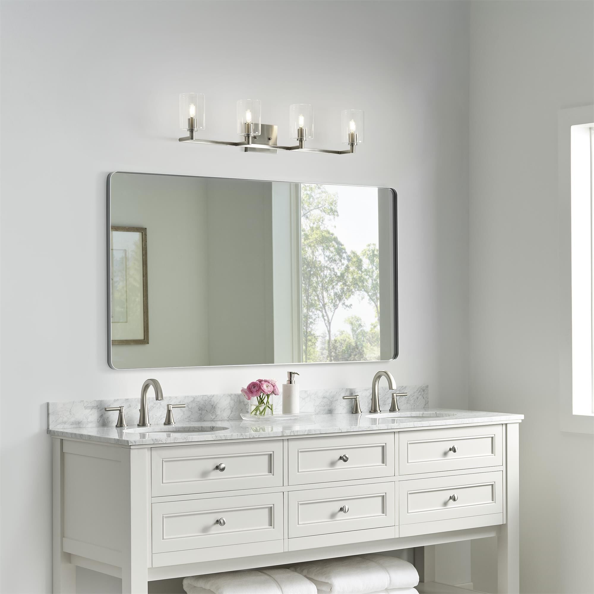 Shown in Brushed Nickel Silver finish and Clear glass