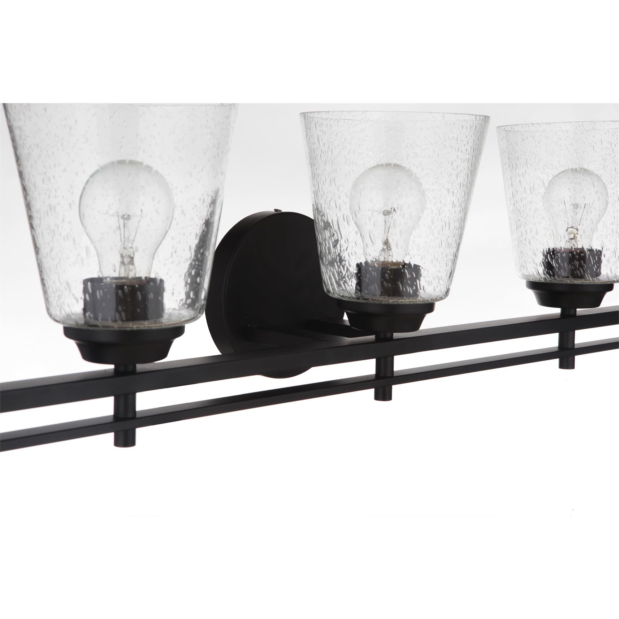 Shown in Flat Black finish and Clear Seeded glass and Glass shade