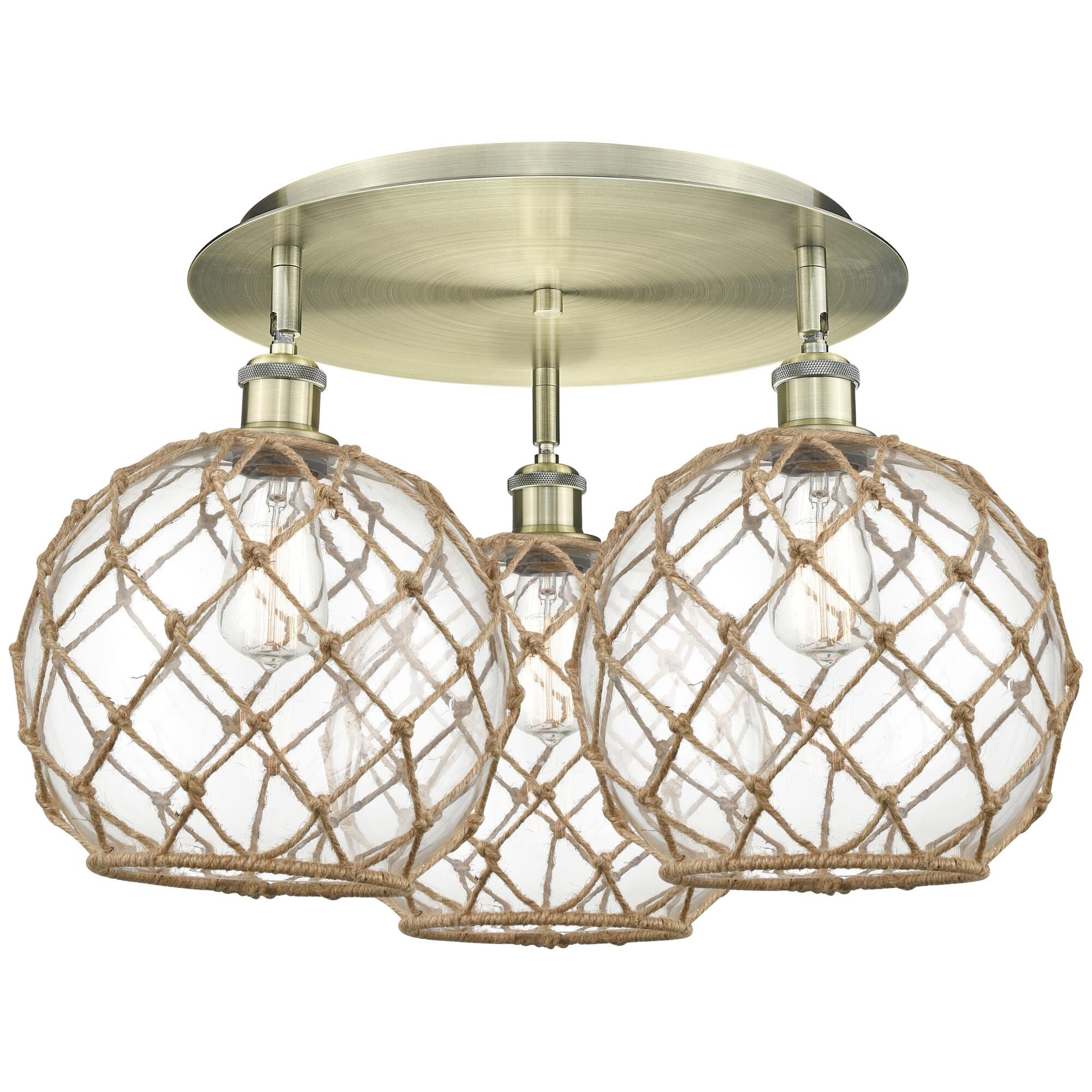 Shown in Antique Brass finish and Clear with Brown Rope glass